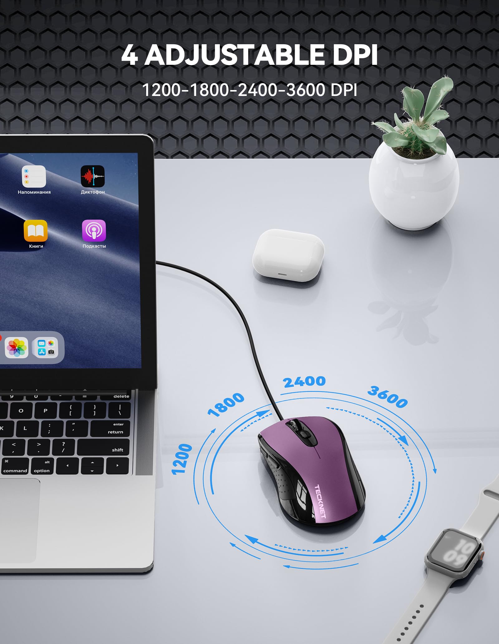Tecknet Usb Wired Mouse, 3600Dpi Corded Computer Mouse With 4 Adjustable Levels, 6 Button 5Ft Cord Ergonomic Mice, Home And Office Mouse For Laptop Pc Desktop Notebook   Purple