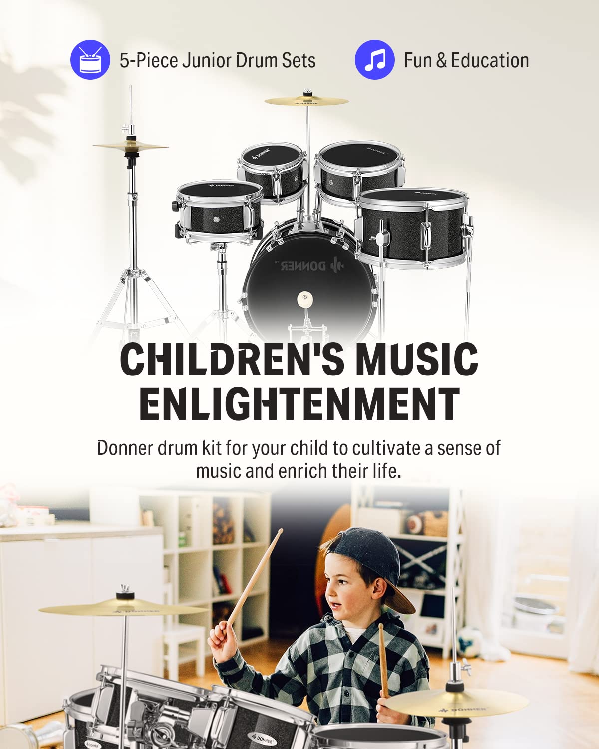 Kid Drum Sets Donner 5 Piece For Beginners, 14 Inch Full Size Complete Junior Drum Kit With Adjustable Throne, Cymbal, Hi Hat, P