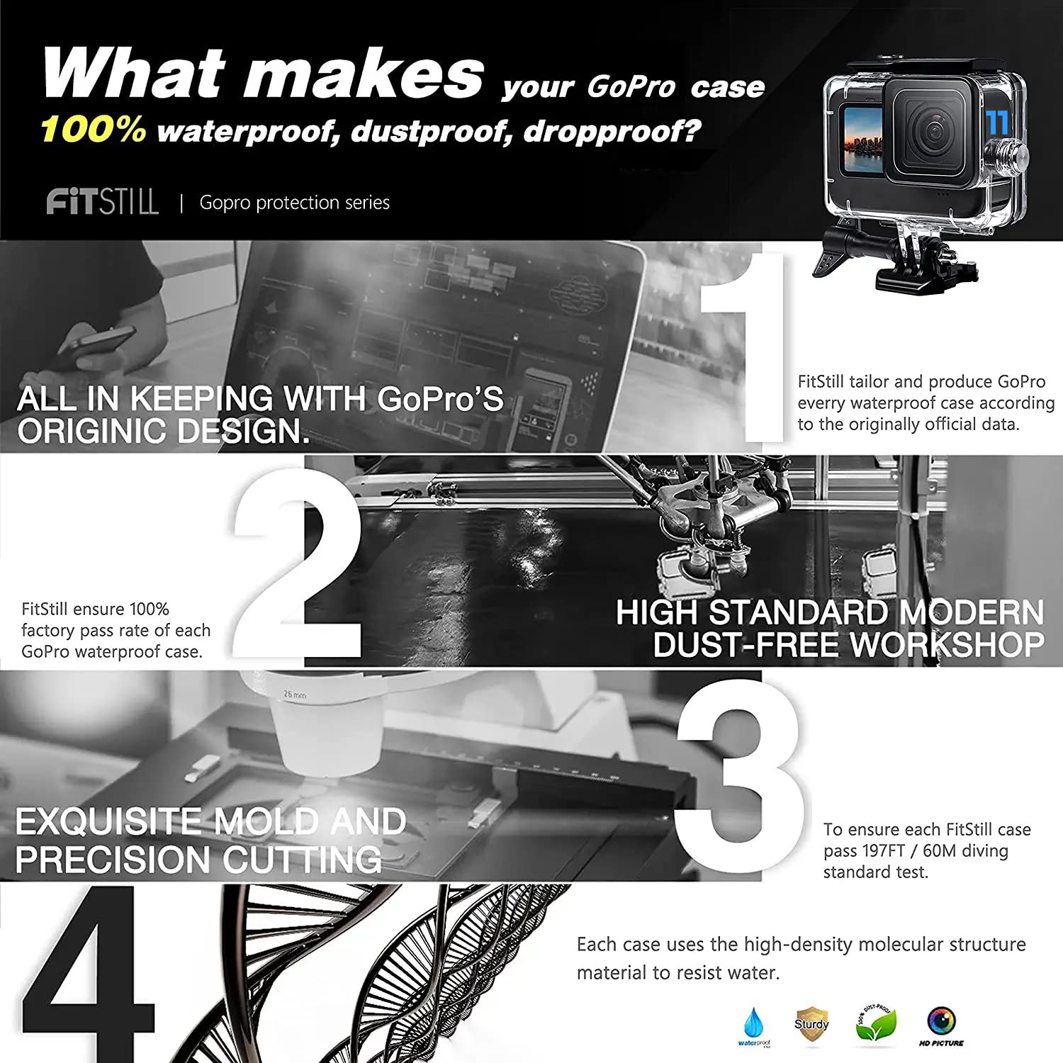 Fitstill 196Ft/60M Waterproof Case For Go Pro Hero 13/Hero12 Black/Hero11 Black/Hero10 Black/Hero9 Black,Protective Underwater D