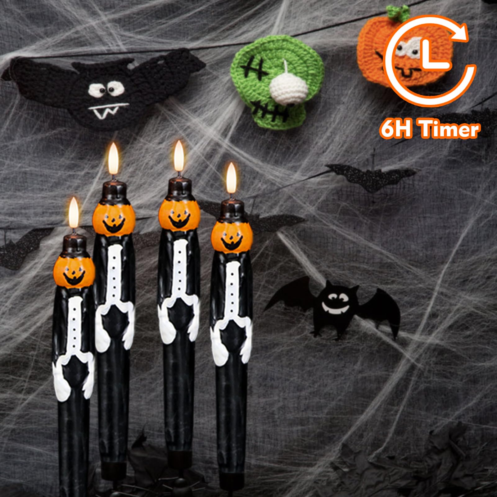 Genswin Halloween Flameless Taper Candles With Timer, 2 Pack Taper Candles Battery Operated, Real Wax Pumpkin Gentleman Suit Des
