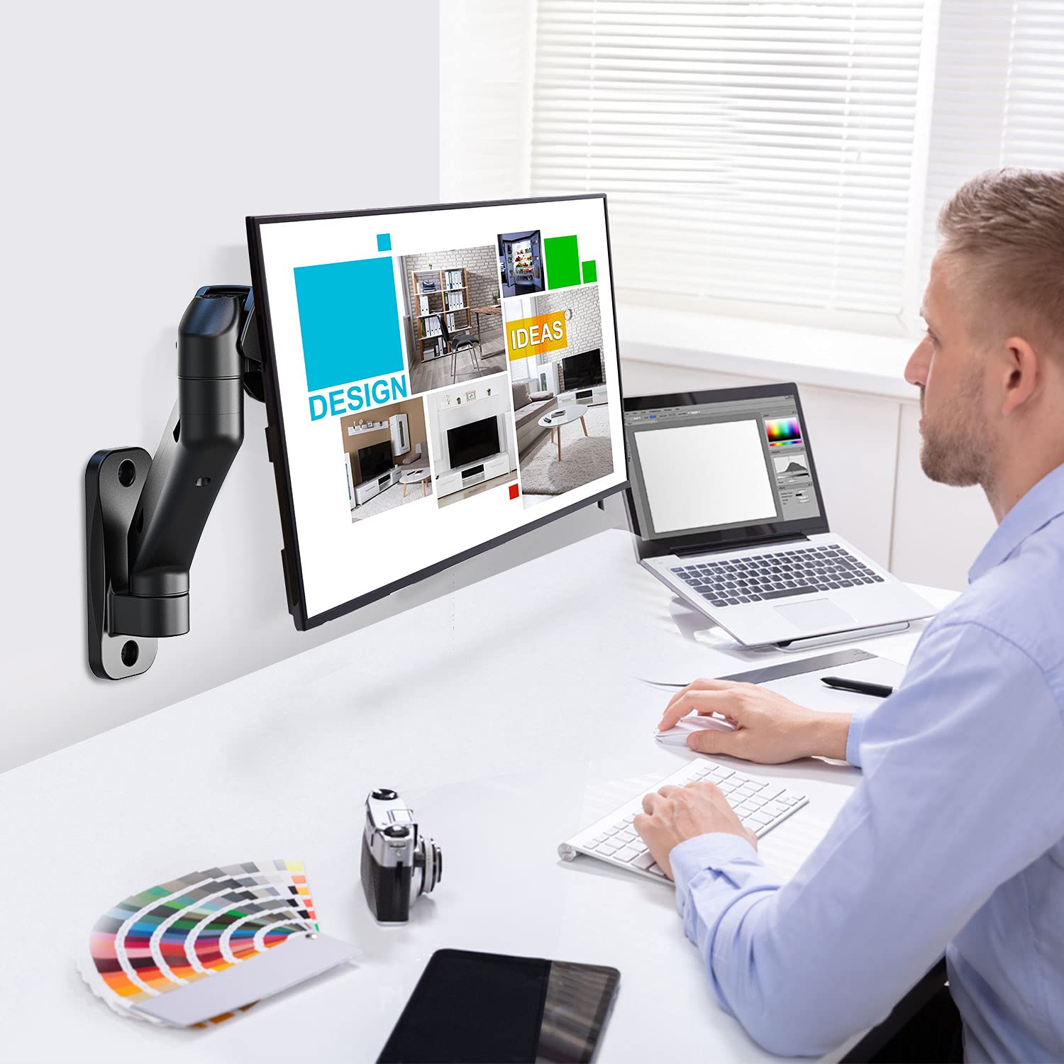 WALI Single Monitor Wall Mount, Gas Spring Monitor Arm for 1 Screen up to 32 inch, 19.8 lbs. Fully Adjustable Arm Max Extension 21.2 inch (GSWM001), Black