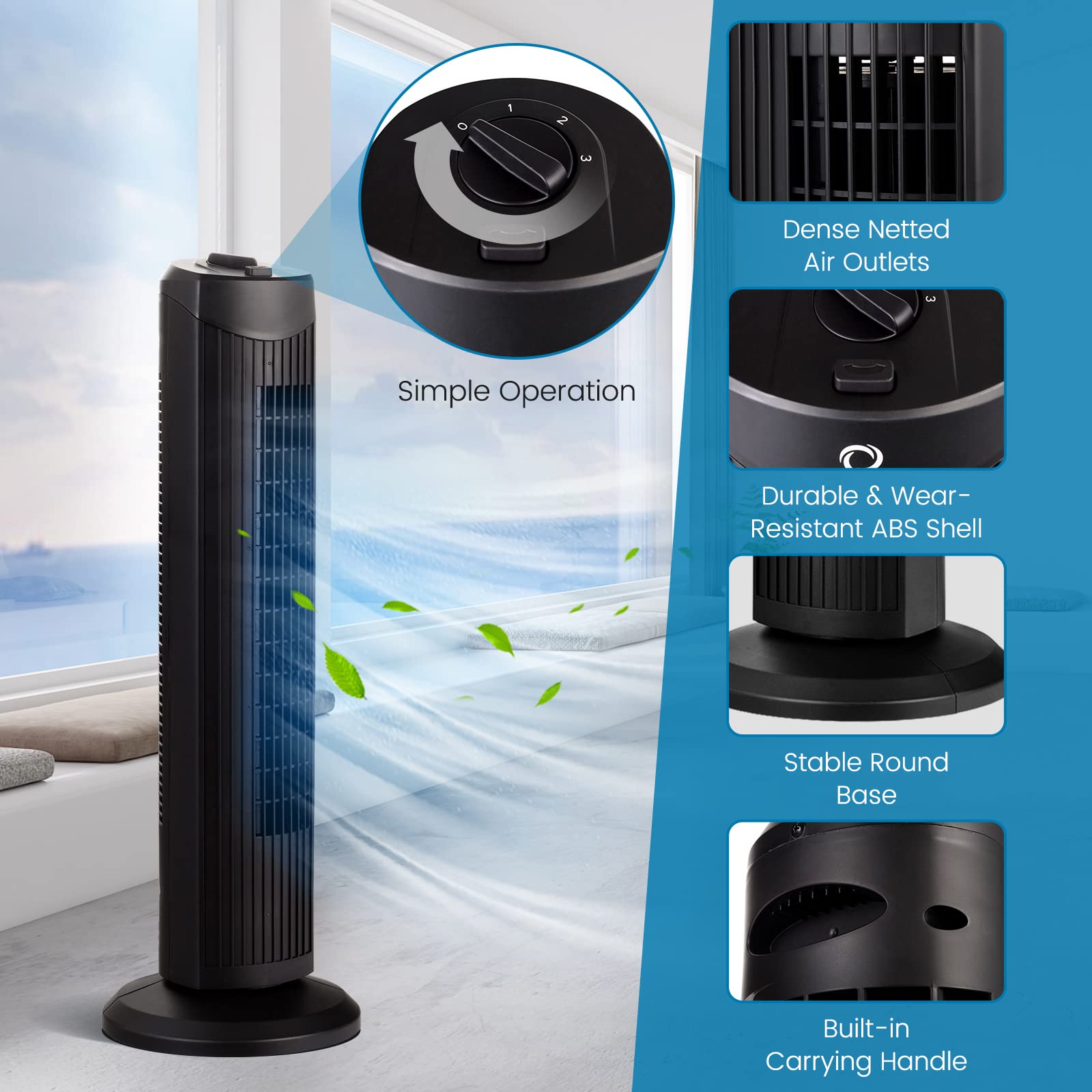 Dortala Tower Fan, 28 Inch Oscillating Tower Fan, Quiet Cooling Whole Room Bladeless, 3 Speed, 3 Wind Mode, Oscillating Tower Fa