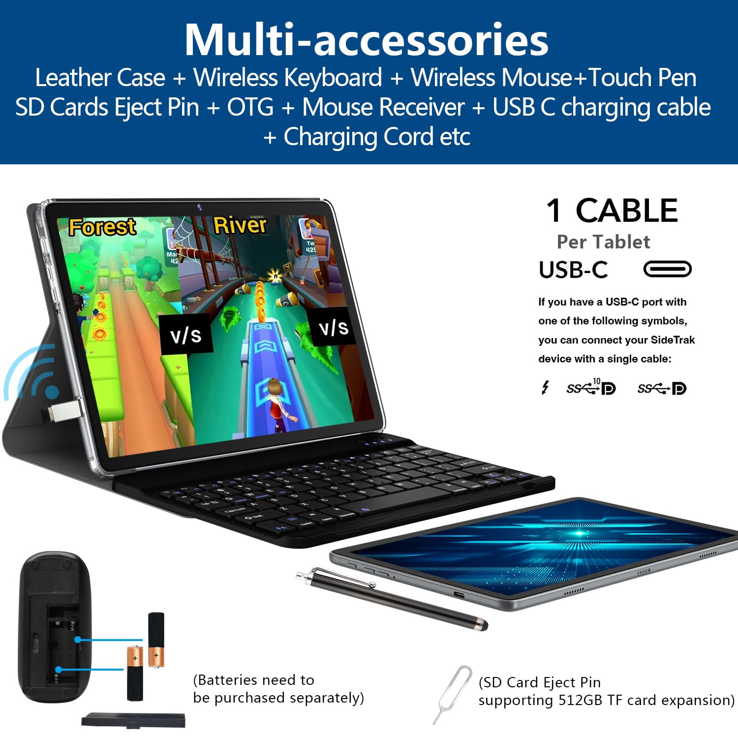 2024 Newest 2 In 1 Tablet 128Gb Storage+1Tb Expand 10 Inch Tablets, 2.4G&5G Wifi Tablet Pc, Android 12 Tablet With Keyboard, Oct