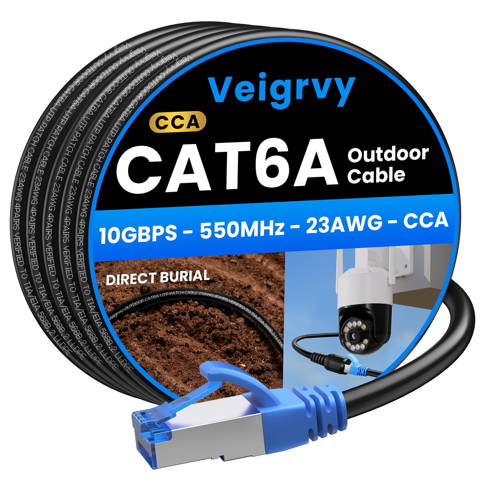 Veigrvy Cat6A Outdoor Ethernet Cable 100 ft Supports POE, 23AWG 550MHz HighSpeed CAT6A Cable Direct Burial Waterproof, Internet