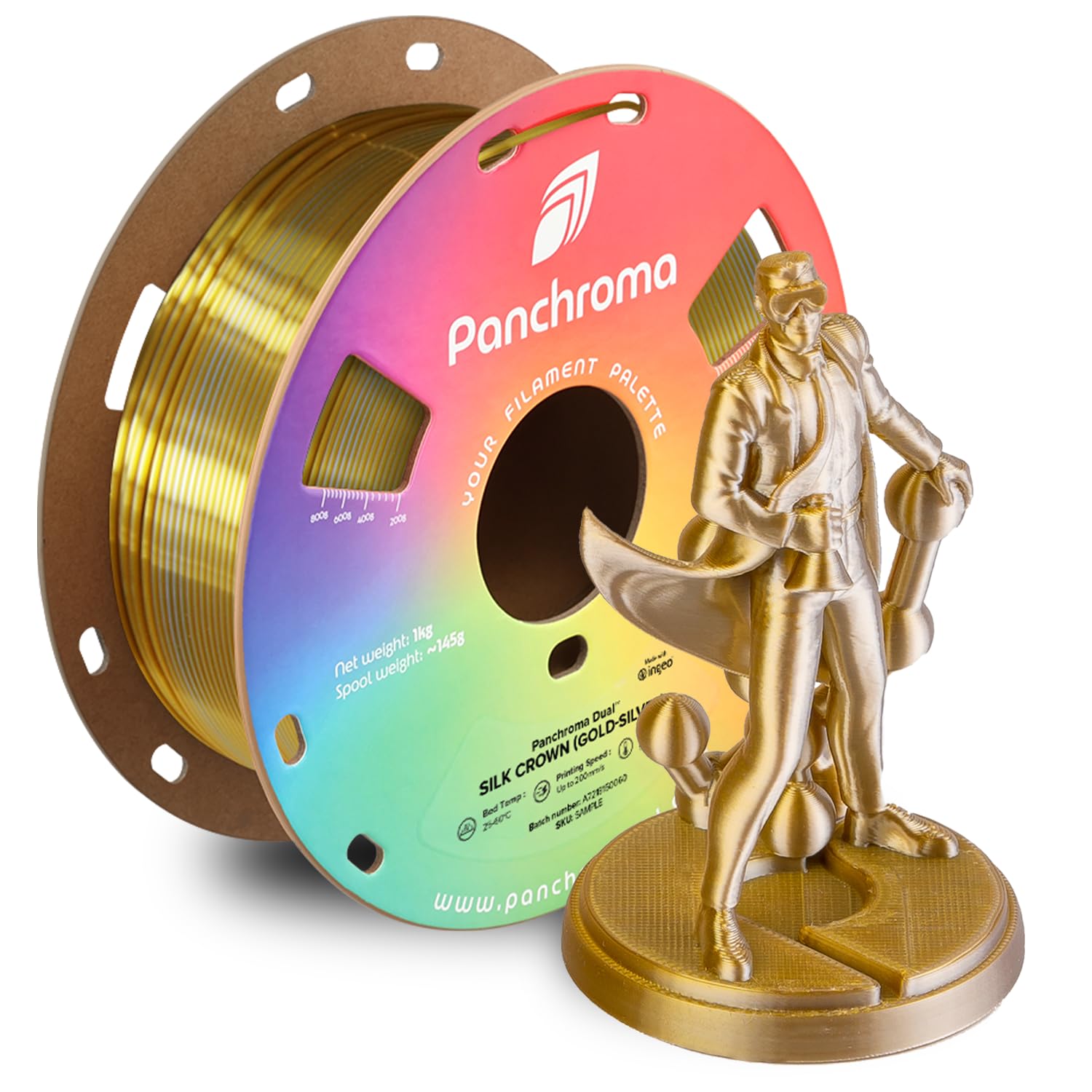 Polymaker Panchroma Dual Silk PLA 3D Printing Filament, 1.75mm 1kg, Silk Crown (Gold-Silver), New and Improved Formula, Better S