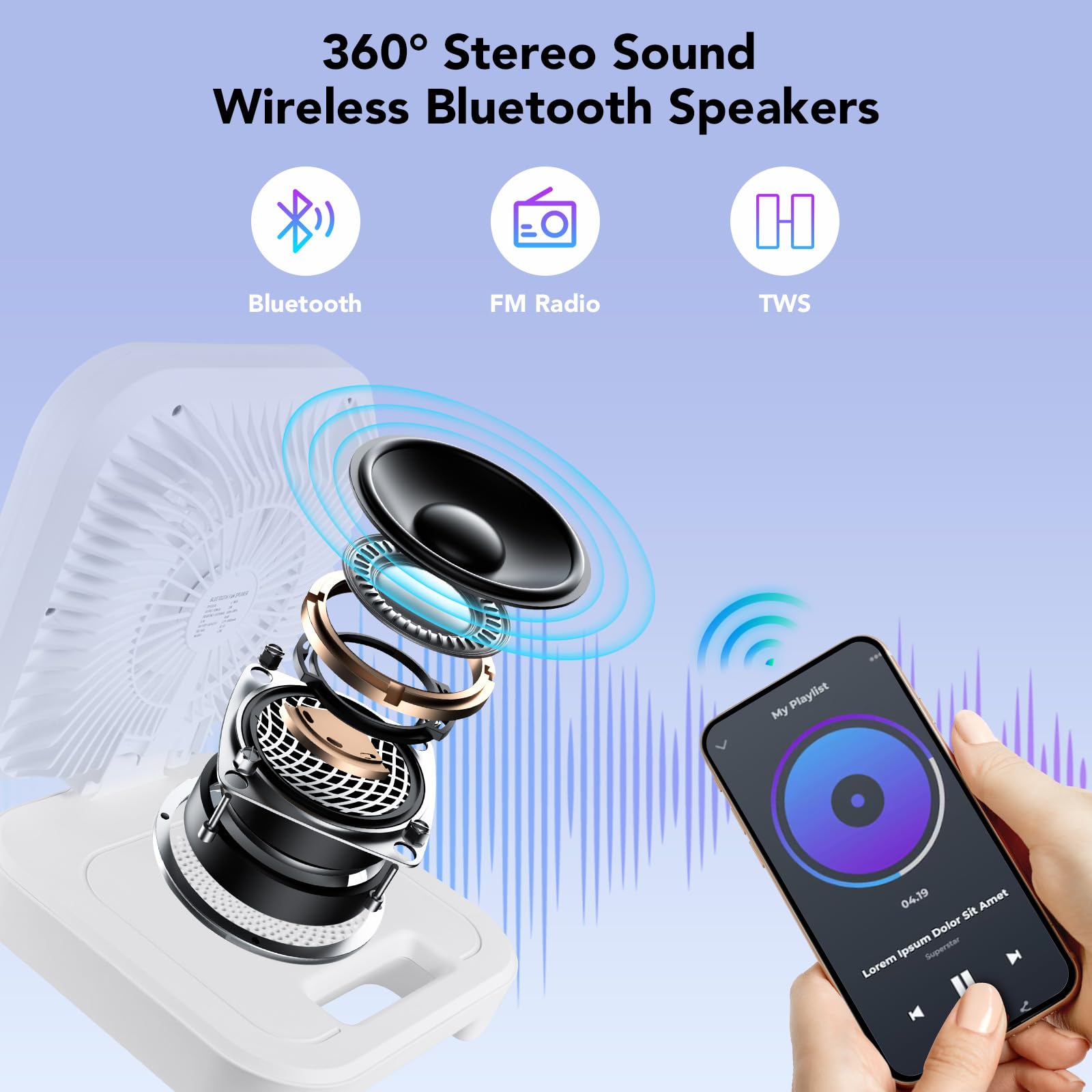 Delxo Bluetooth Speaker With Fan Rechargeable Outdoor, Wireless Bluetooth Speakers With Led Desk Night Light For Indoor Office,