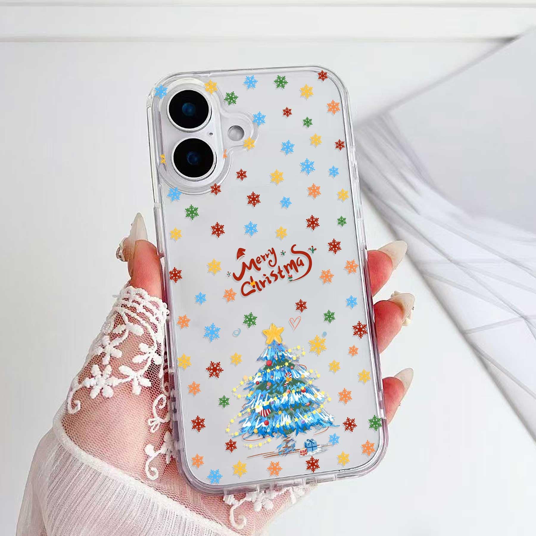 Yetagso Christmas Phone Case for iPhone 16,Clear TPU Bumper Hard PC Back Merry Christmas Pattern Phone Cover,Blue Xmas Tree