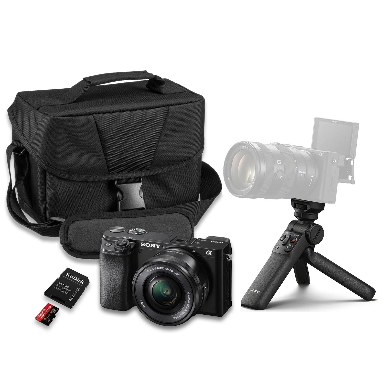 Sony a6100 Mirrorless Camera with Sony E PZ 16-50mm f/3.5-5.6 OSS II Lens + Sony GP-VPT3 Wireless Shooting Grip + SanDisk Extrem