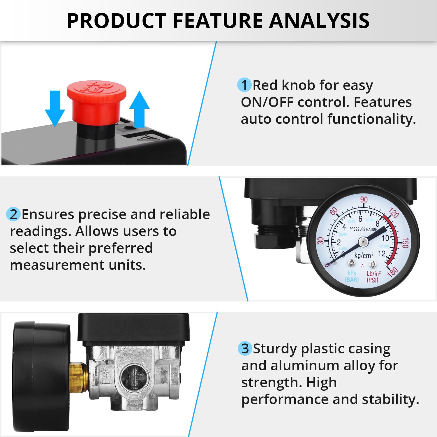 Shjtaotie Universal Air Compressor Pressure Switch Control Valve (90 120 Psi, 110V 240V) With 0 180 Psi Regulator And Safety Pre
