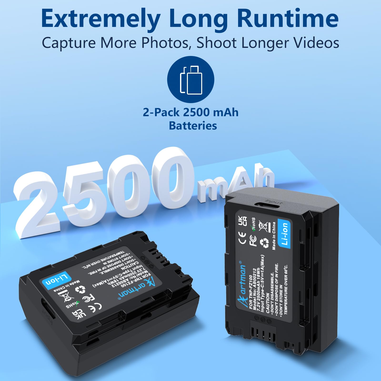 Artman NP-FZ100 Camera Battery 2500mAh Type-C Charging for Sony A7iii A7iv A9III FX3 FX30 A7C A6700