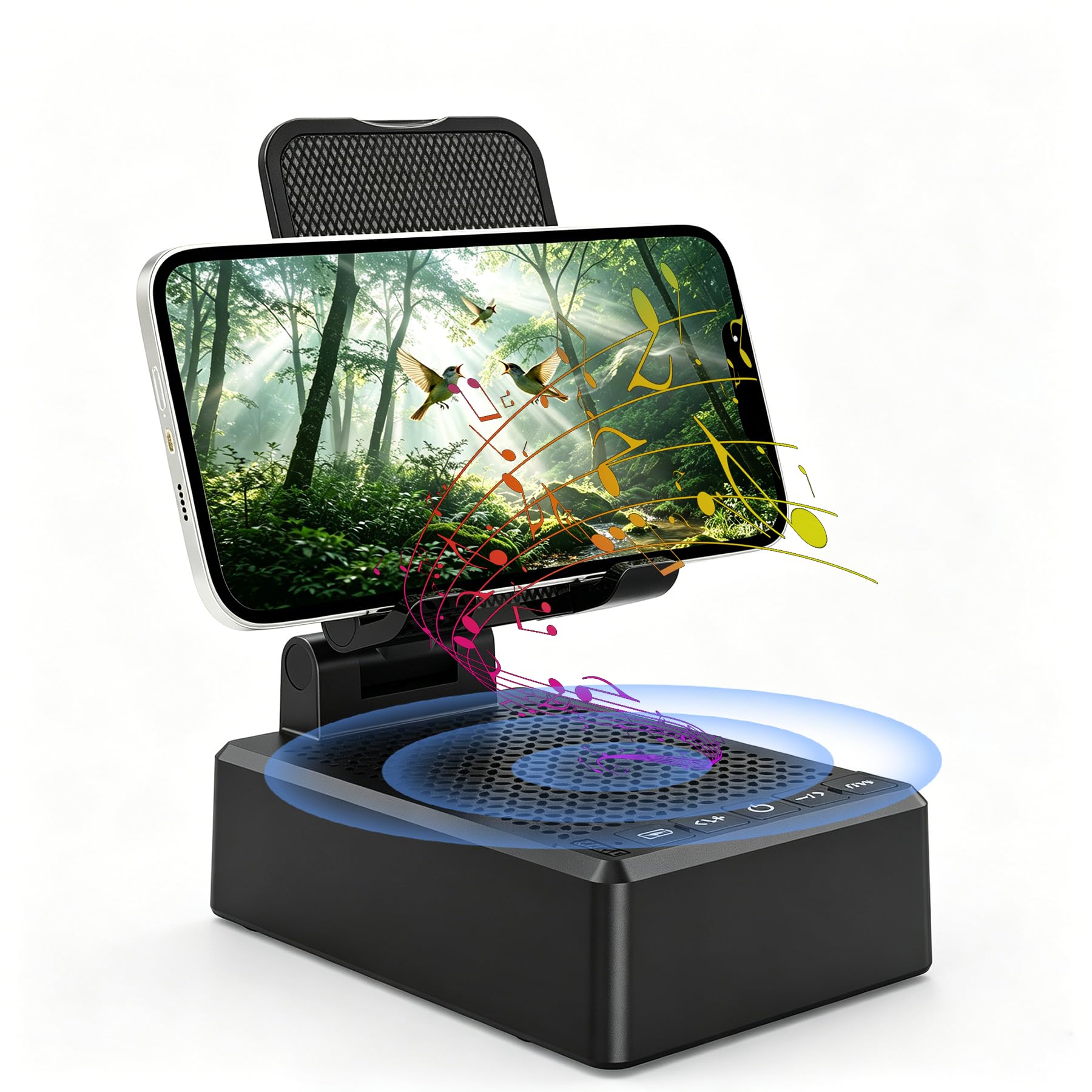 Mahensy Cell Phone Stand with Wireless Bluetooth Speaker, Adjustable Angle,Foldable Stand HD Surround Sound for Home, Compatible