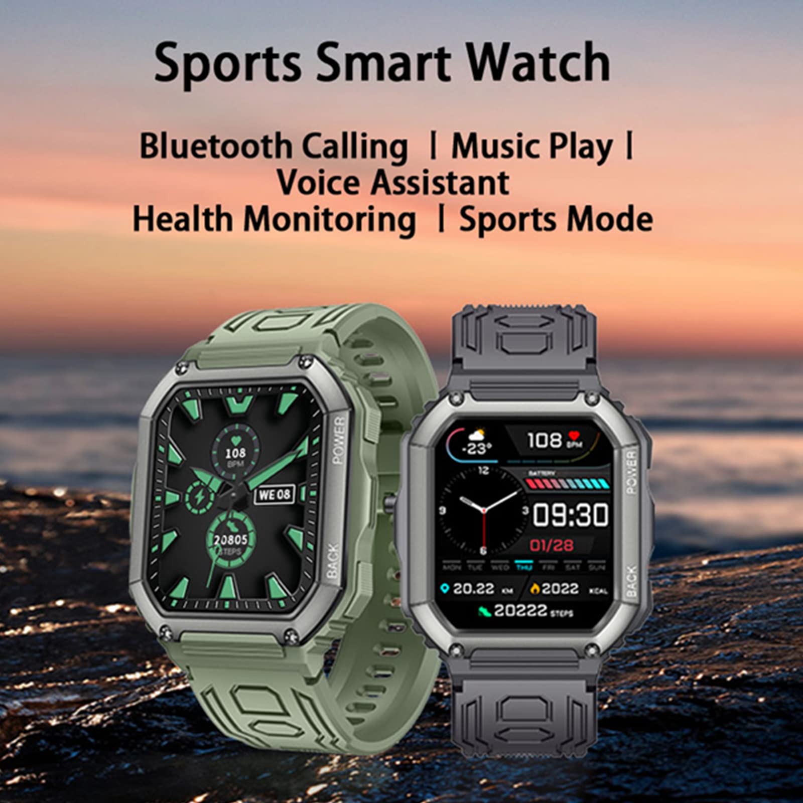 Kr06 Sports Smart Watch 1.8 Inch Bluetooth Call Music Play Voice Assistant Health Monitor Multi Sports Modes Fitness Tracker (Gr