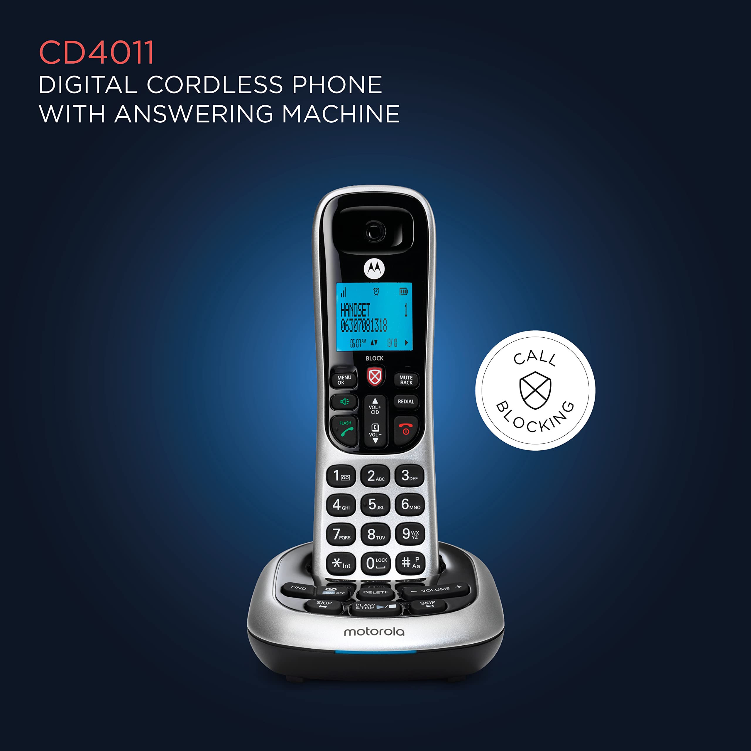 Motorola Cd4011 Dect 6.0 Cordless Phone With Answering Machine And Call Block, Silver/Black, 1 Handset