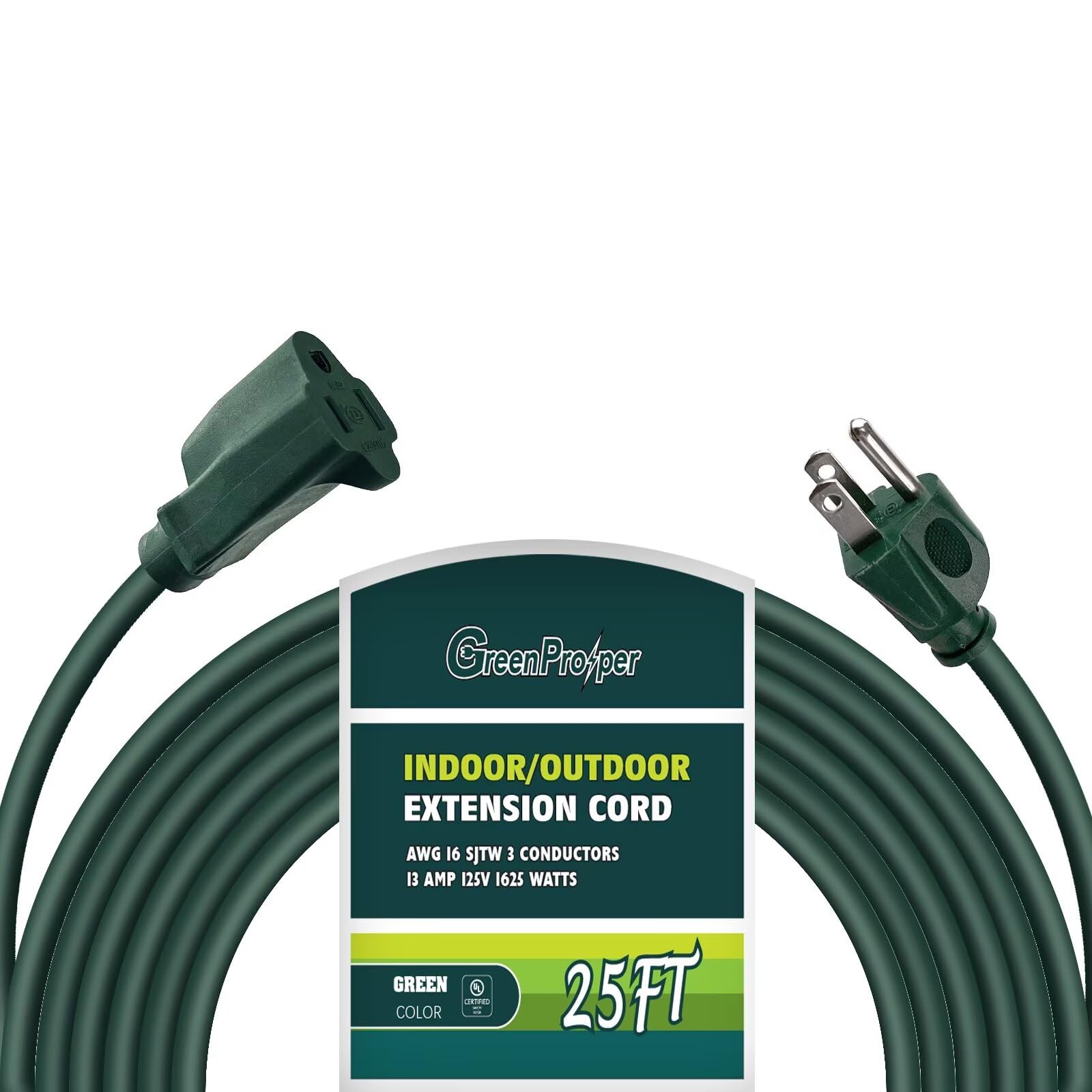 Greenprosper 25 Ft Indoor Outdoor Green Extension Cord, 16 Gauge Waterproof Electrical Power Cable, 16/3 Sjtw 3 Prong Grounded P