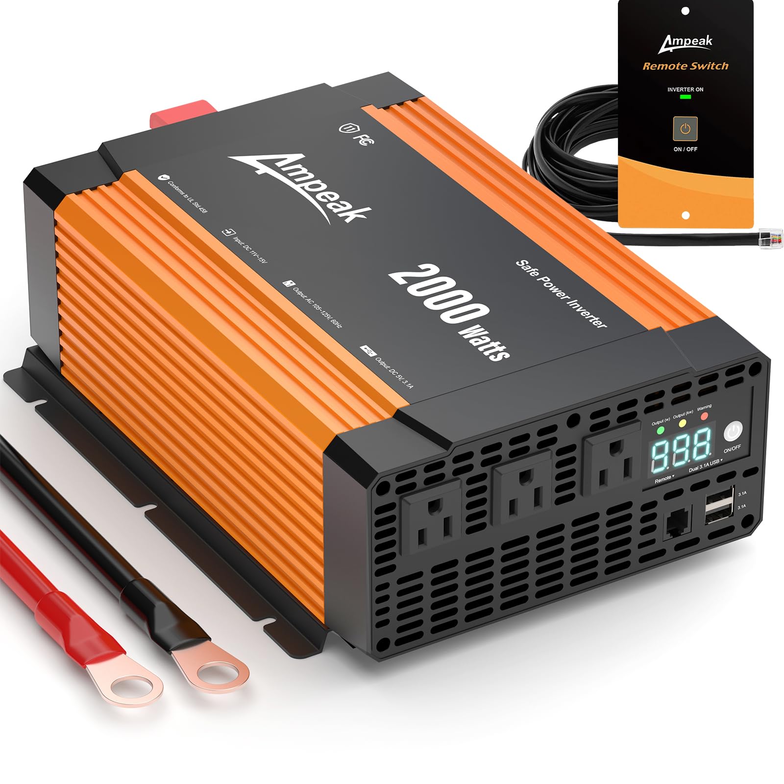 Ampeak 2000W Power Inverter Conversion Efficiency 89.37% Inverter 12V to 110V 3AC Outlets Dual 5V/3.1A USB Ports Modified Sine P