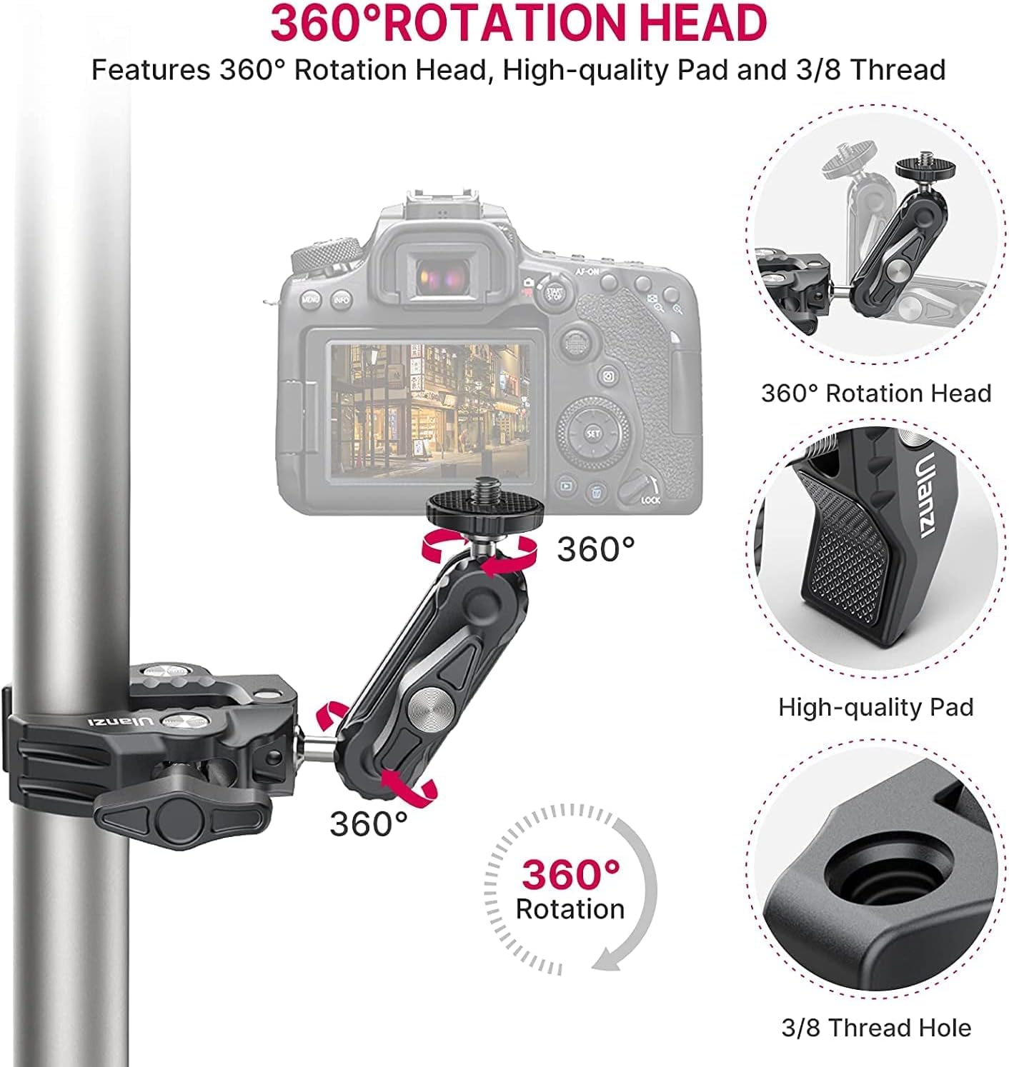 Ulanzi Super Clamp Camera Clamp Mount Monitor 360 Ballhead Magic Arm Double Ball Head Adapter With 1/4-20 & 3/8-16 Thread For Ca