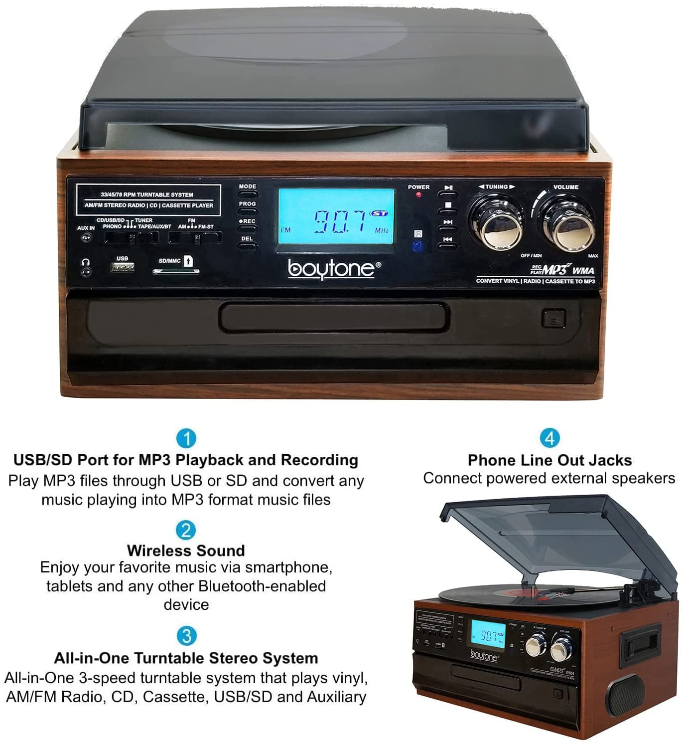 Boytone Bt 22Ms, Bluetooth Record Player Turntable, Am/Fm Radio, Cassette, Cd Player, 2 Built In Speaker, Ability To Convert Vin