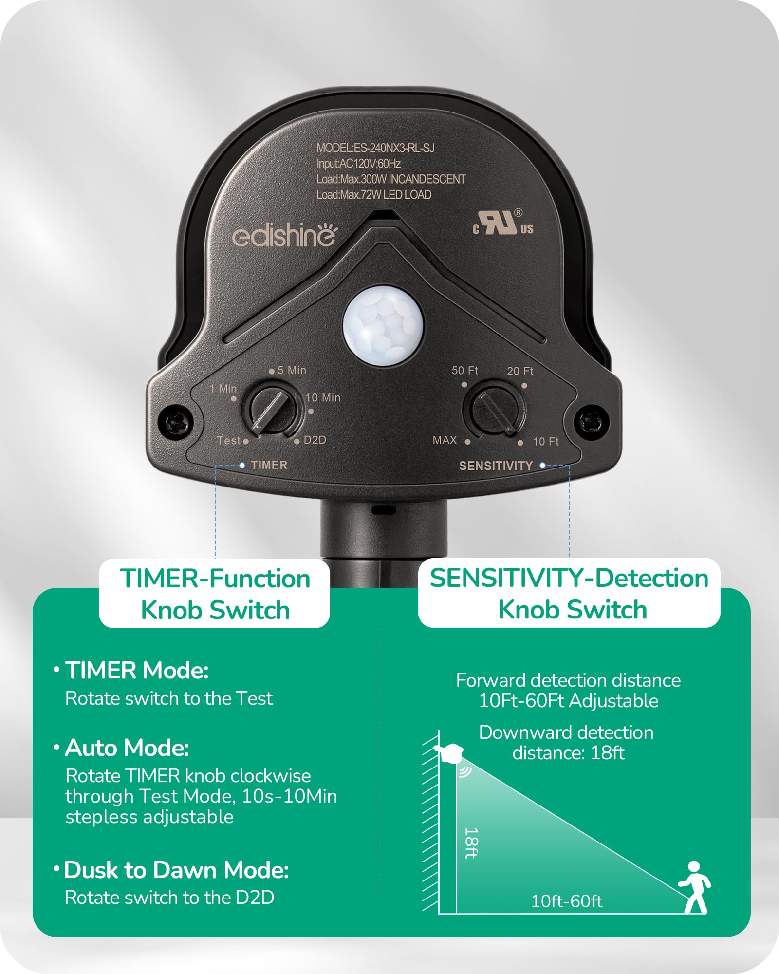 Edishine Replacement Motion Sensor, 240 & 360 Sensing Angle, Automatic Dusk To Dawn Motion Sensor, Adjustable Delay Time & 60Ft