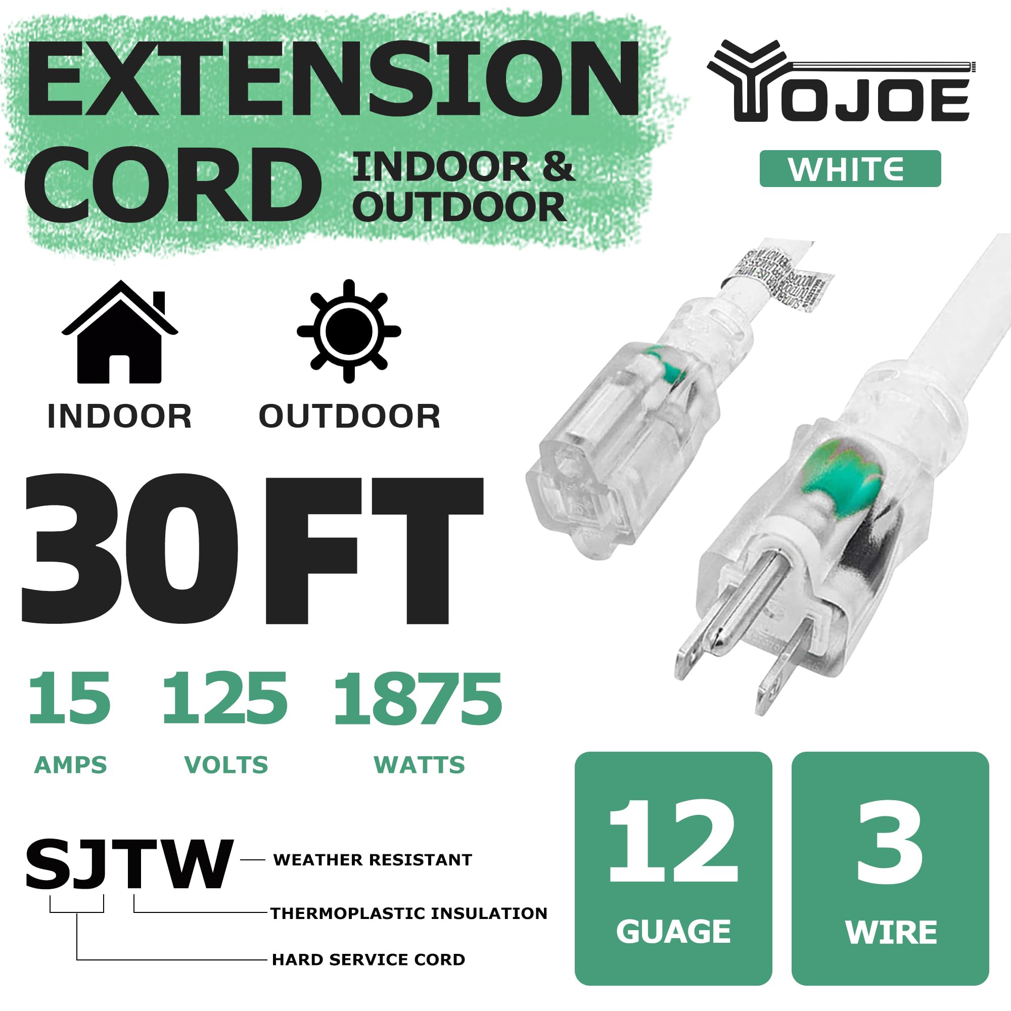 Yojoe Indoor Outdoor Extension Cord With Lighted End, 3 Prong 15A Weatherproof Power Extension Cord, 12 Gauge Heavy Duty 30 Ft W