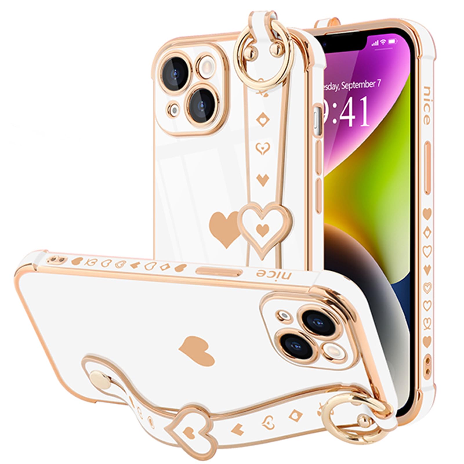 Llz.Coque For Iphone 14 Case Cute Love Heart Plating Strap Phone Cover For Women Girls Bling Soft Silicone Camera Lens Protectio