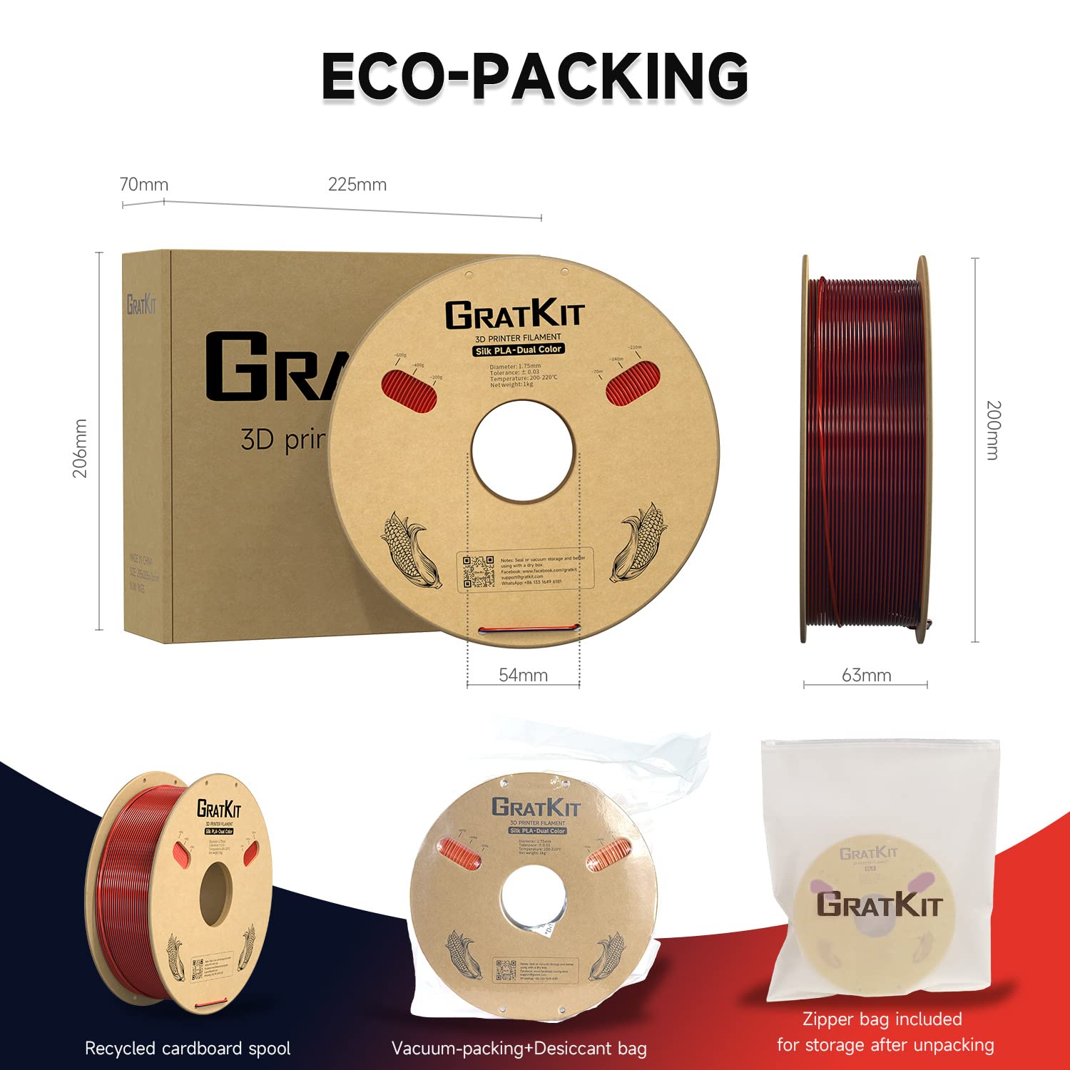 Gratkit Silk Dual Color Pla Filament, Coextrusion Pla Filament 1.75Mm, +/-0.03Mm, 1Kg/Roll, Silk Pla Black & Red