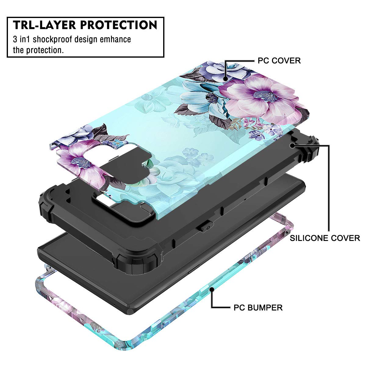 Casetego Compatible With Galaxy Note 9 Case,Floral Three Layer Heavy Duty Sturdy Shockproof Full Body Protective Case For Samsung Galaxy Note 9,Blue Flower