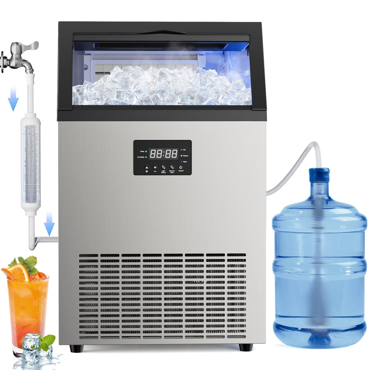 Commercial Ice Maker 150Lbs/24H, Dual Water Supply, 45 Ice Cubes In 8-15 Minutes, Under Counter Ice Maker With 50Lbs Storage Bin