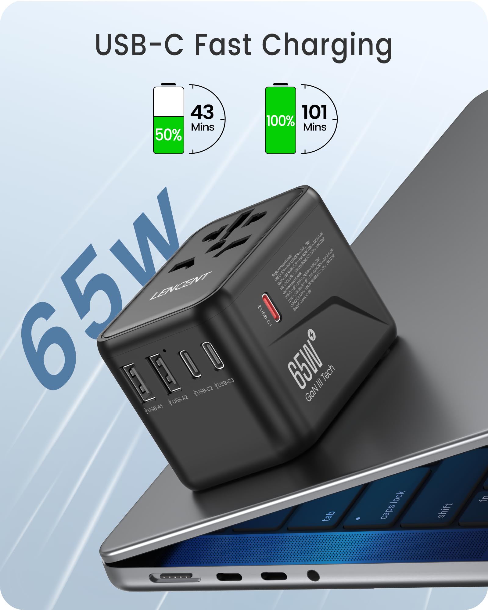 Lencent Universal Travel Adapter, Gan Iii 65W International Charger With 2 Usb Ports & 3 Usb C Pd Fast Charging, All In One Outl