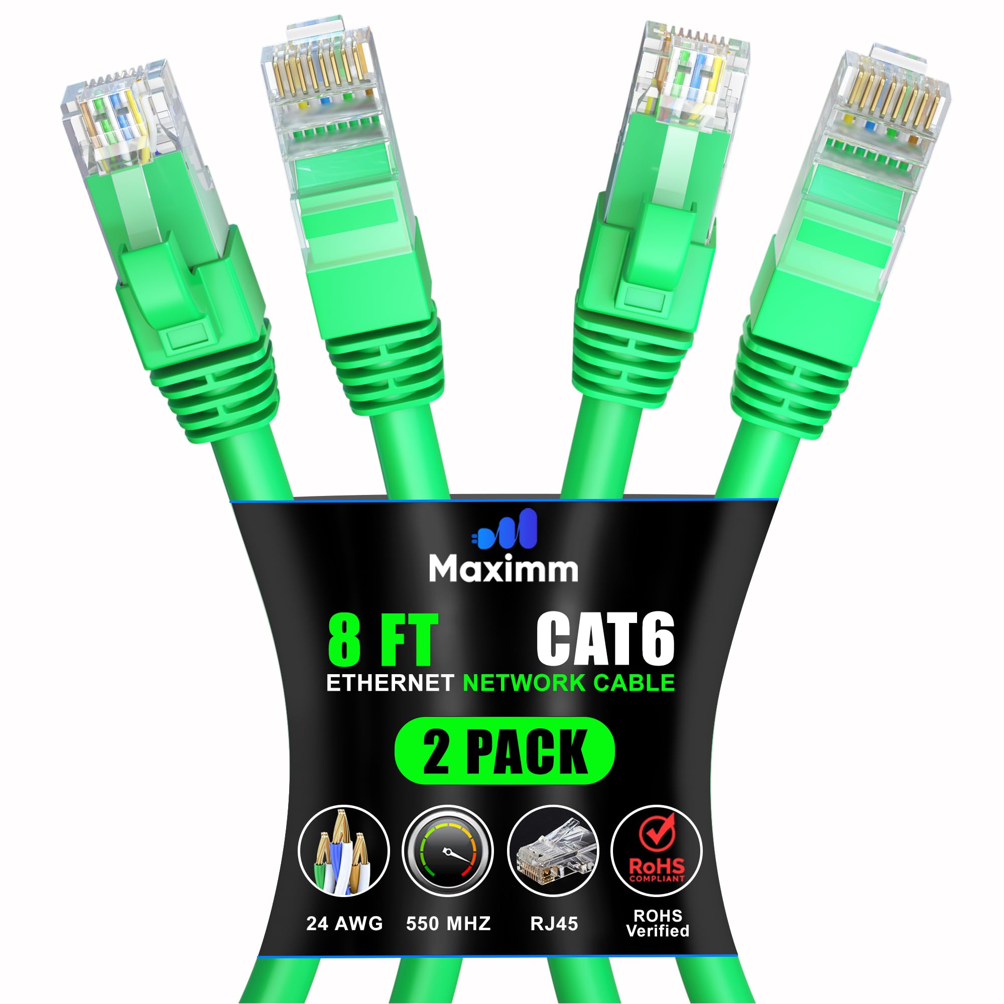 Maximm Cat 6 Ethernet Cable 8 Ft (2 Pack)   High Speed Lan Cable, Internet Cable, Patch Cable, And Network Cable   Utp, 10Gbps, 550Mhz Ethernet Cord   Green