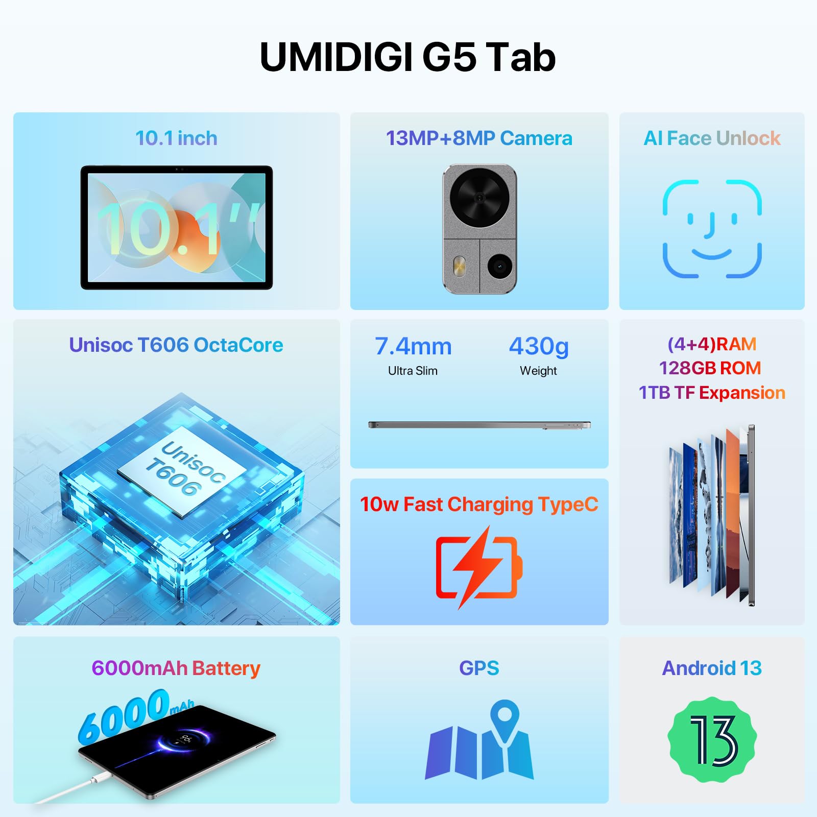 Umidigi G5 Tab Unlocked Android 13 Tablet 8(4+4) Gb Ram+128Gb,10.1� Hd+ Full View Display With Pen, 6000 Mah Mega Battery With Cellular And Wifi, Support 1 Tb Expandable