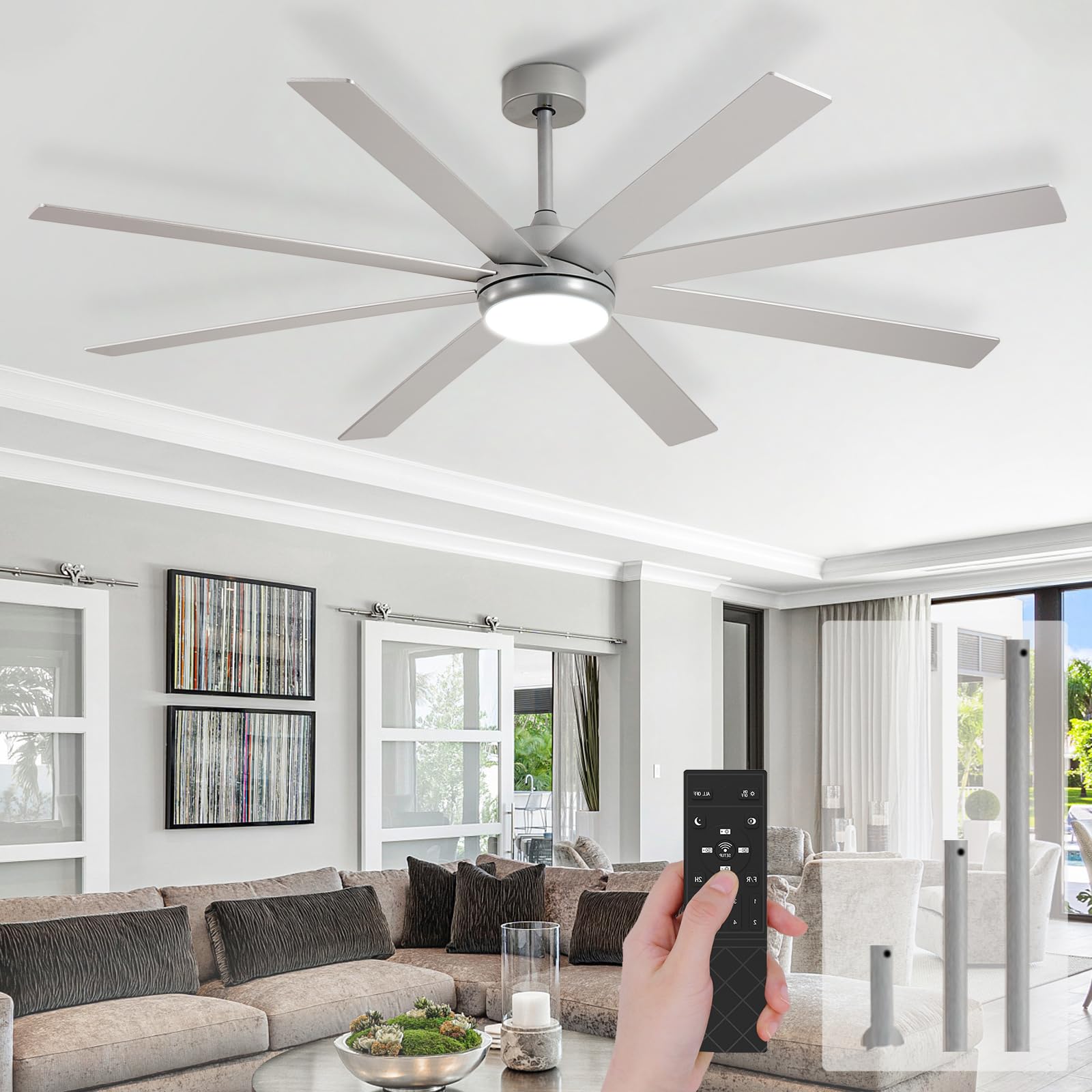 DLLT Large Ceiling Fans with Lights: 66in Modern Indoor/Outdoor Ceiling Fan for Living Room Patio - Silver Ceiling Fans with Rem