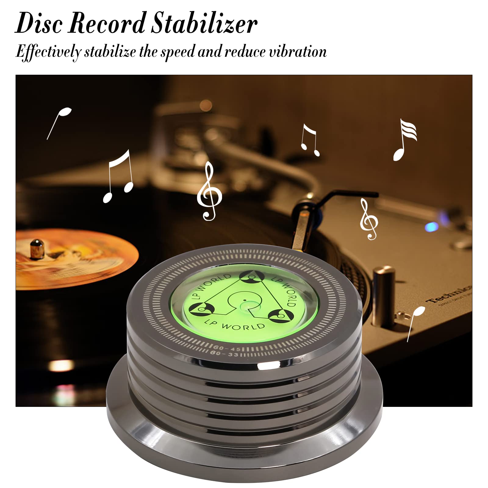 Kozyone Record Weight Stabilizer, Turntable Disc Record Stabilizer Clamp With Bubble Level For Vinyl Lp Record Player (Chrome Bl