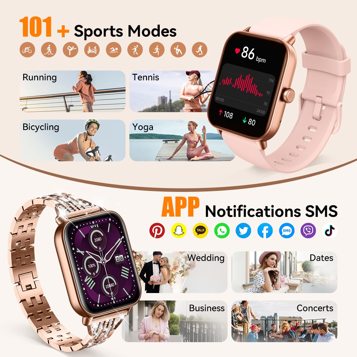 Gydom Smart Watch For Women With Diamond Jewelry Watchband, Alexa Built-In, Ip68 Waterproof Fitness Tracker With Bluetooth Call,