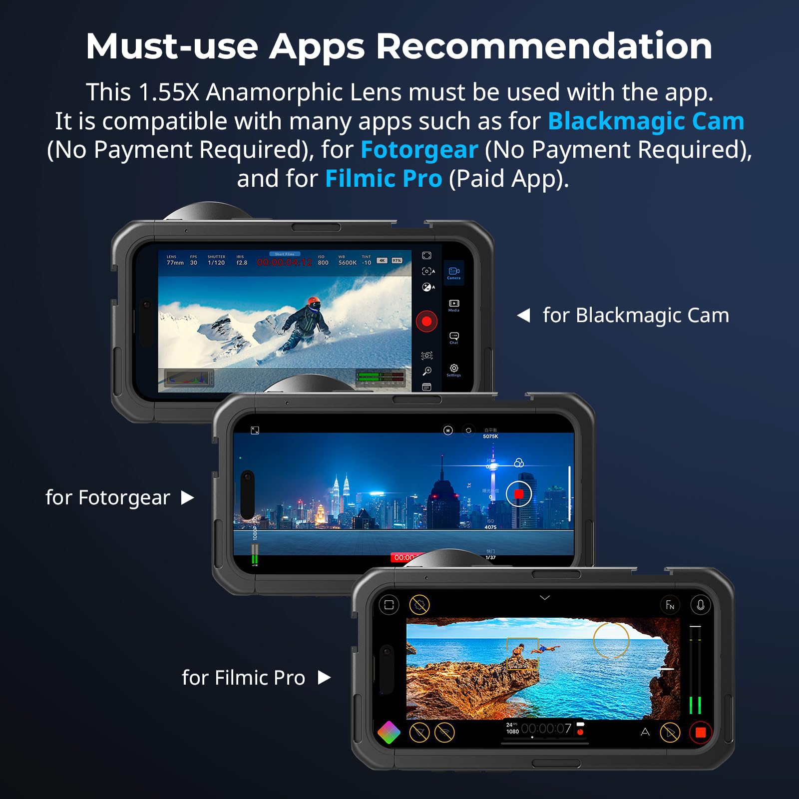 Smallrig 1.55Xt Anamorphic Lens For Phone, 2.76:1 Widescreen Cinematic Blue Flare Lens For T-Mount Phone Cage, Anamorphic Lens W