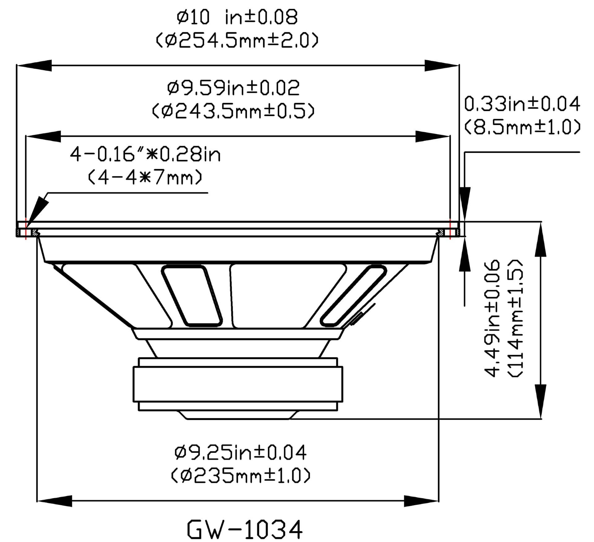 Goldwood Sound Gw 1034 Rubber Surround 10'' Woofer 250 Watts 4Ohm Replacement Speaker