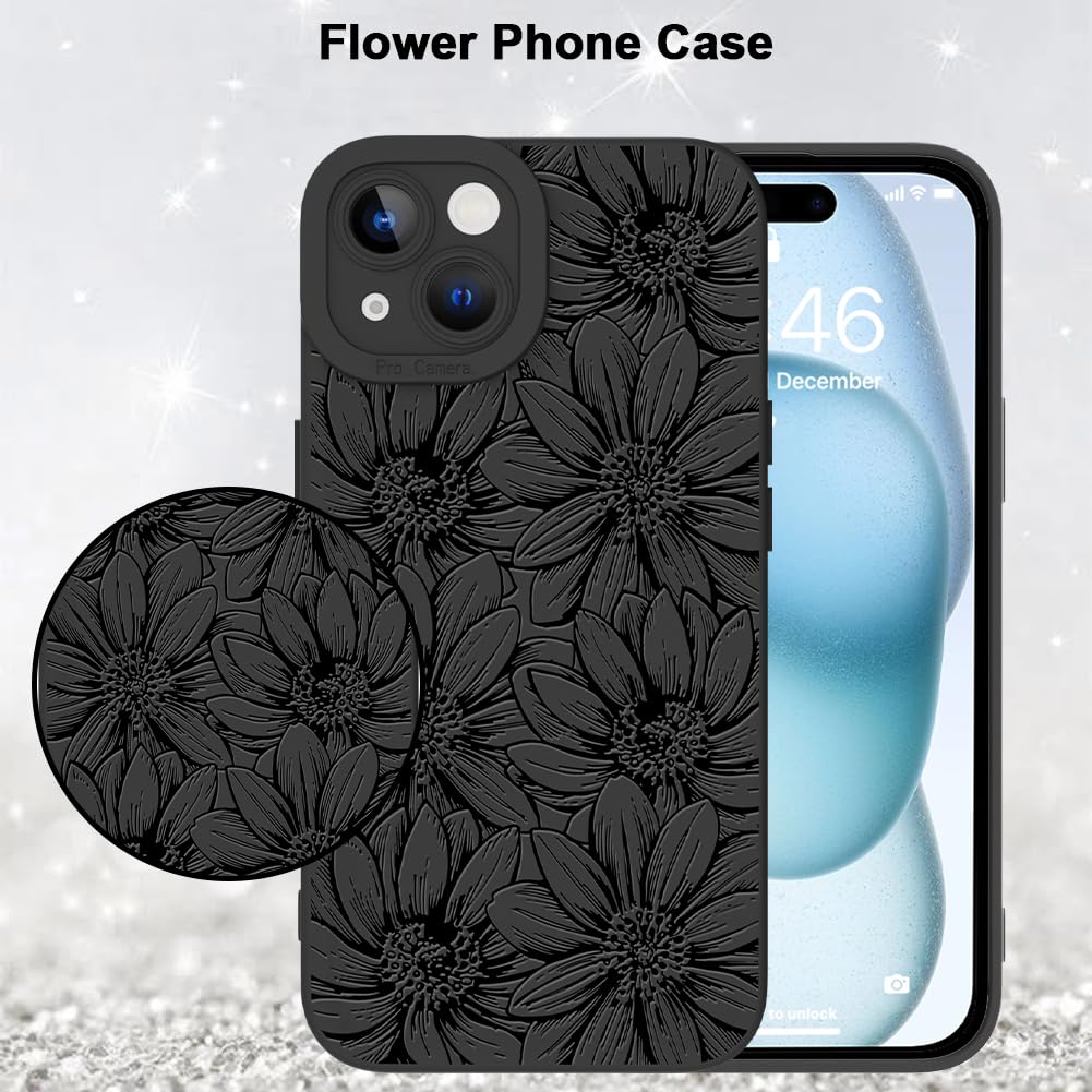 Mzelq For Iphone 15 Case, Silicone Black Floral Flowers Sunflowers Cute Pattern, Camera Protection Soft Slim Phone Case For Ipho