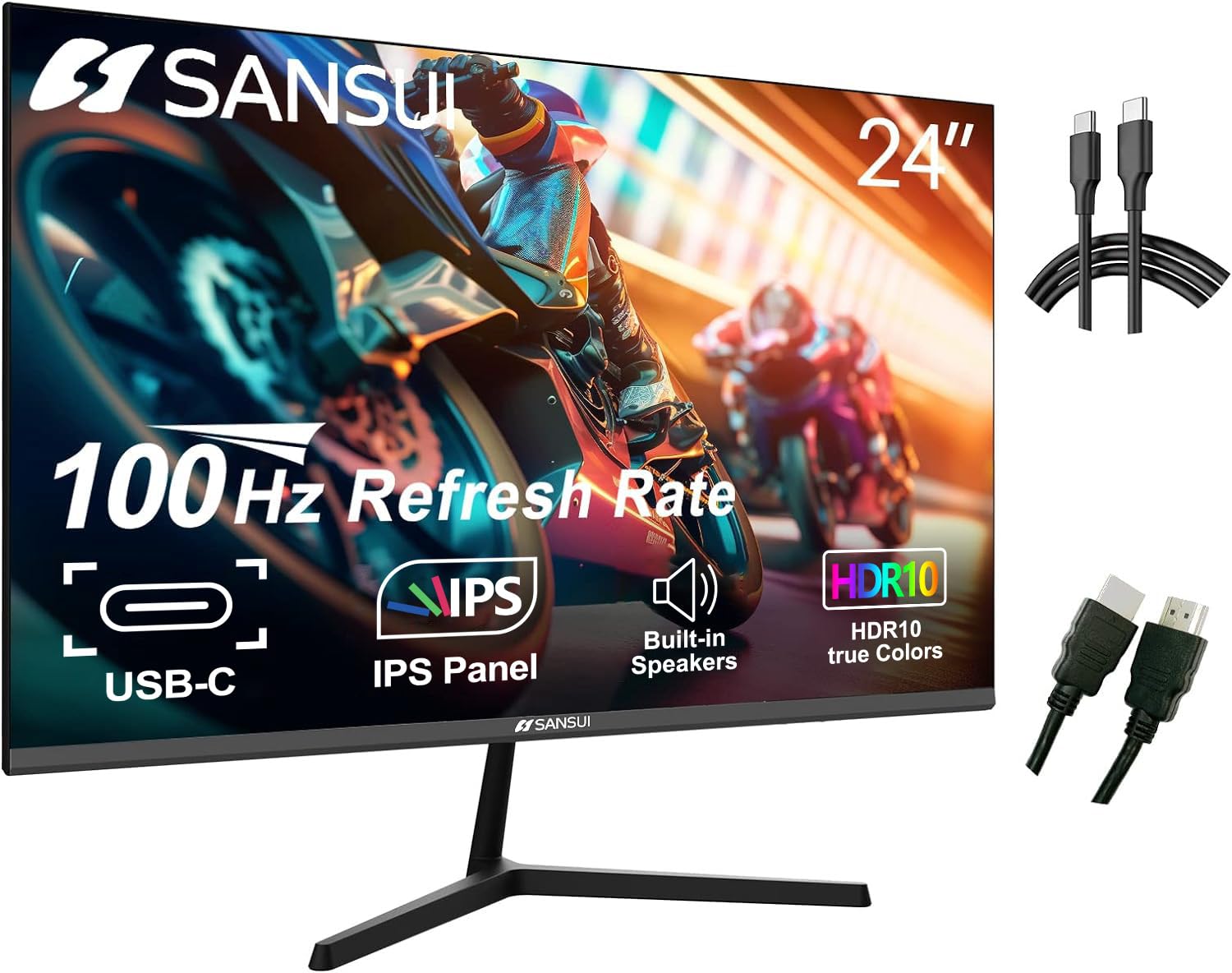 Sansui Monitor 24 Inch 100Hz Ips Usb Type C Fhd 1080P Computer Display Built In Speakers Hdmi Dp Hdr10 Game Rts/Fps Tilt Adjusta