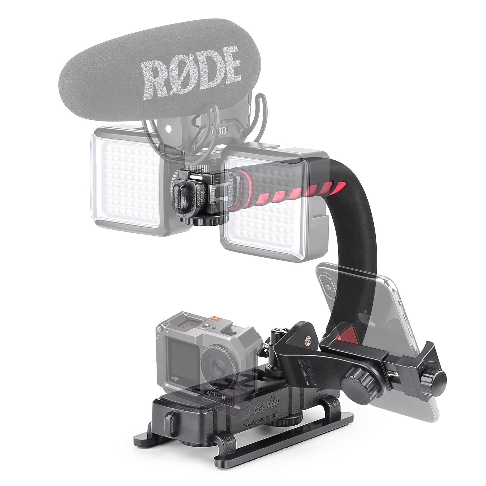 Zeadio Video Handheld Stabilizer, Triple Cold Shoe Handle Grip With Smartphone Holder?360� Ball Head Mount, Compatible With All Camera Sport Camera Dslr Smartphone