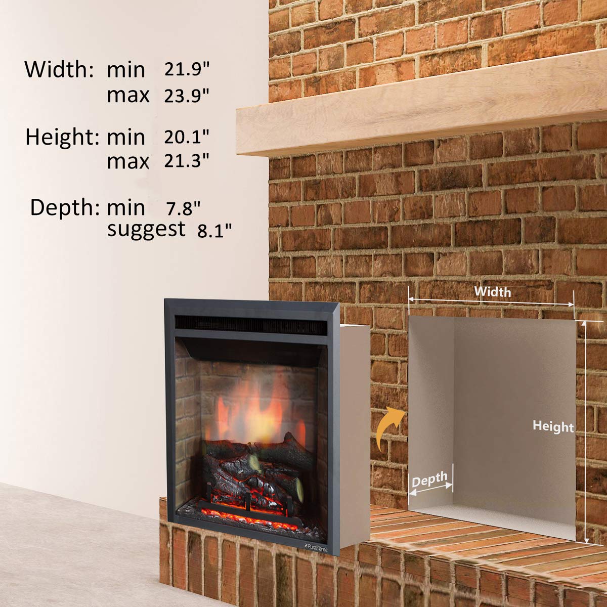 Puraflame Western Electric Fireplace Insert With Fire Crackling Sound, Remote Control, 750/1500W, Black, 22 53/64 Inches Wide, 2