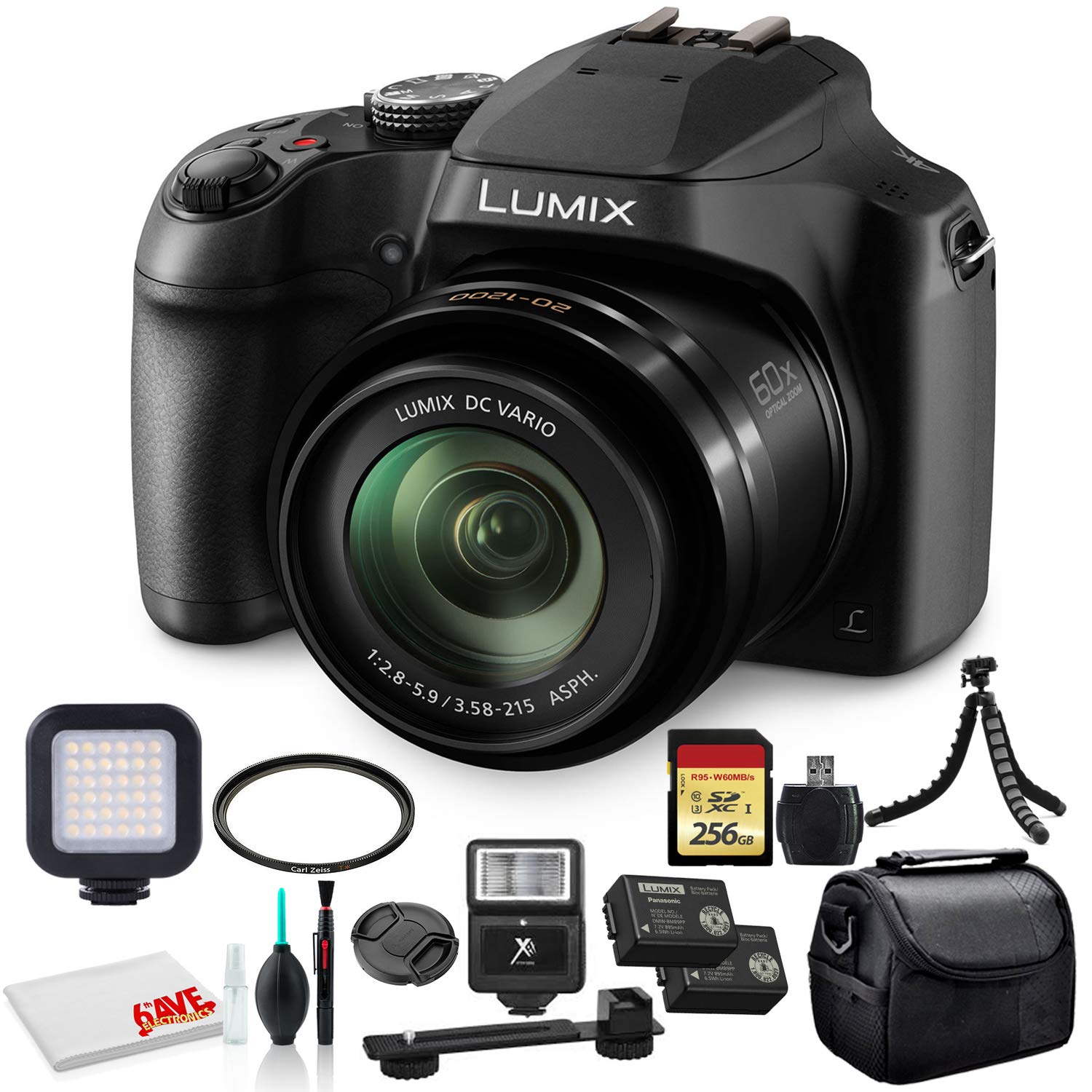 Panasonic Lumix DC-FZ80D / DC-FZ85D Digital Camera (DC-FZ80D / DC-FZ85DK) - Bundle - with 256GB Memory Card + LED Video Light + 