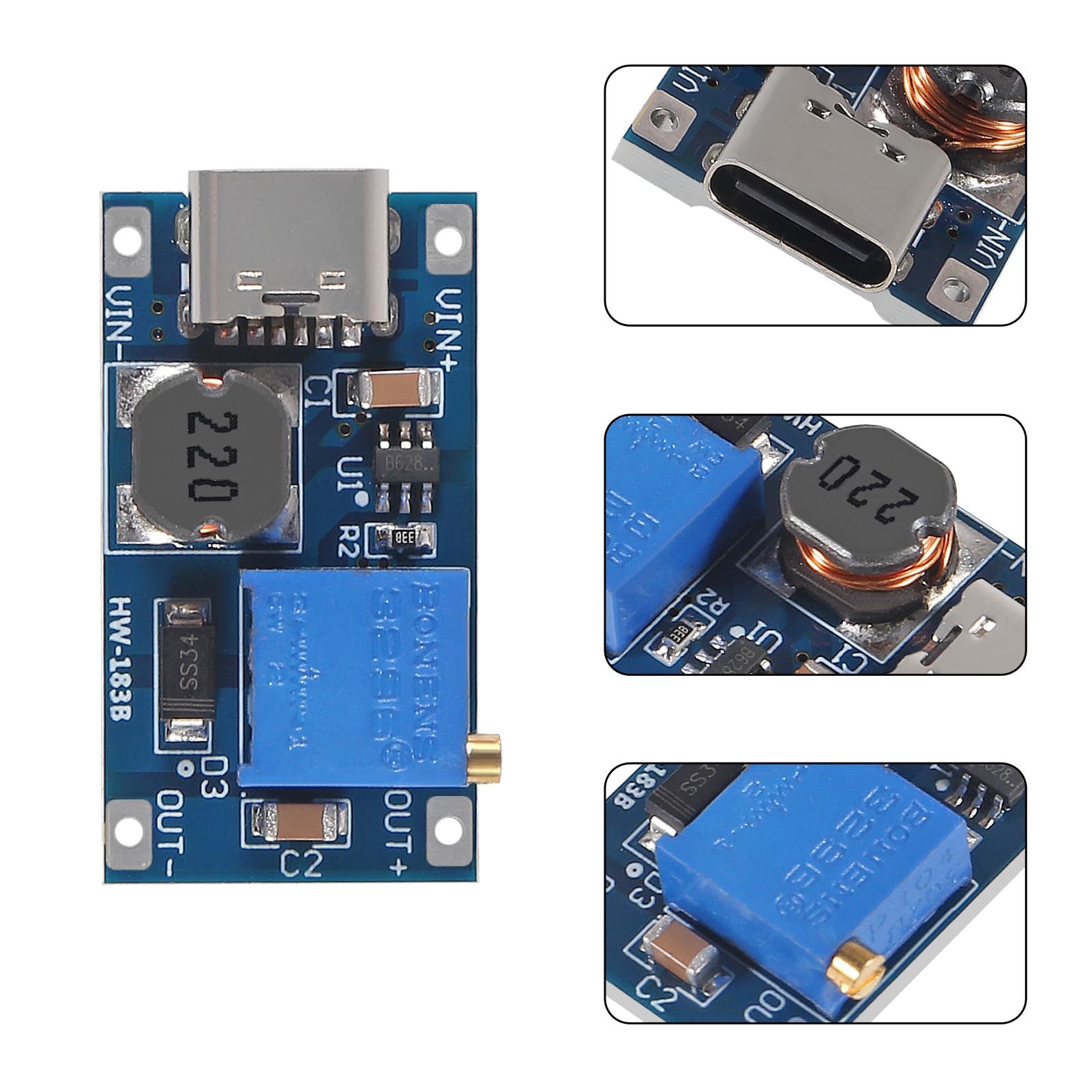 Aitrip 5Pcs Type C Mt3608 Dc Dc Adjustable Boost Module 2A Dc Dc Boost Step Up Converter Module 2V 24V To 5V 9V 12V 28V Power Mo