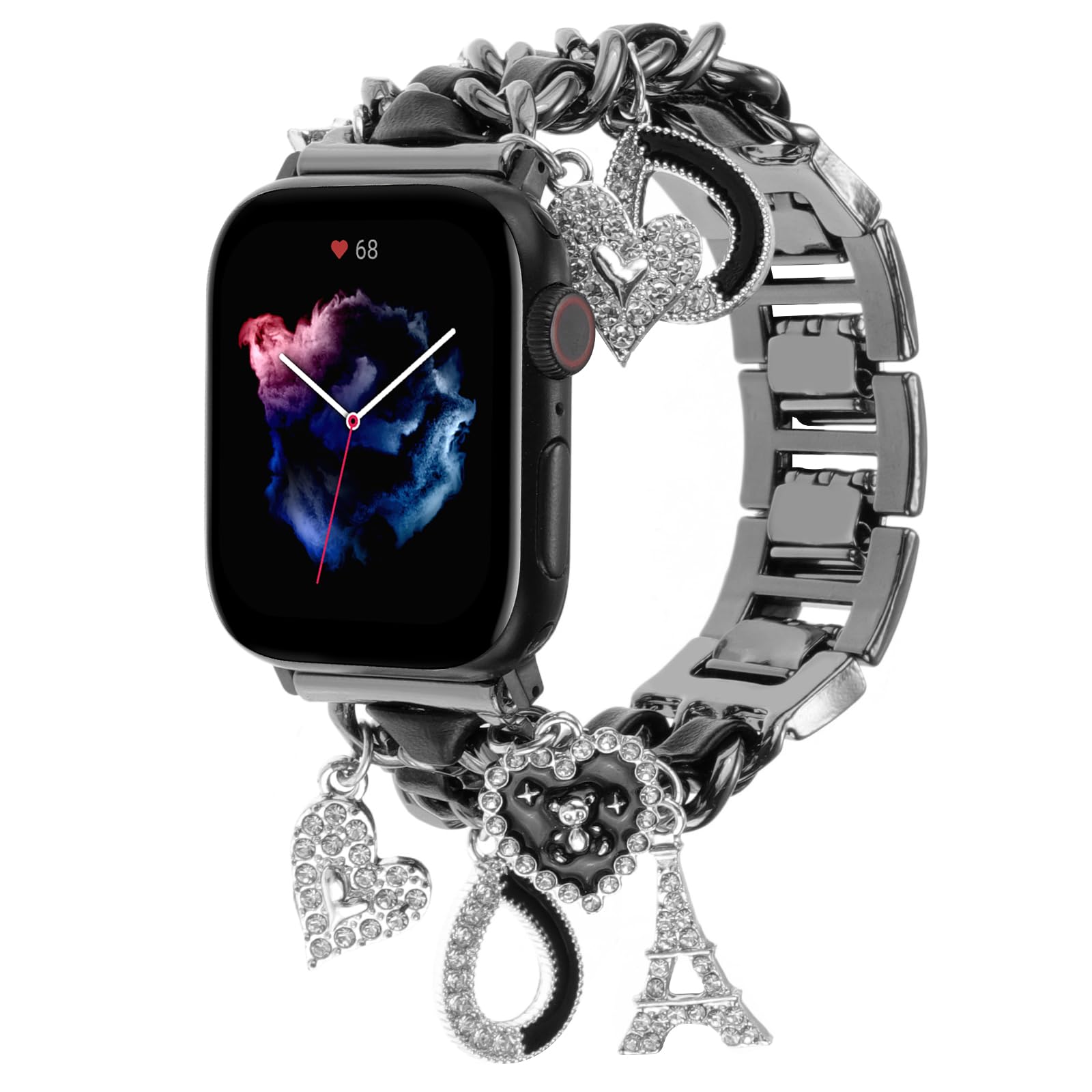Realsign Stylish Metal Wristband Compatible With Apple Watch Band 42Mm 44Mm 45Mm 49Mm,Cuban Chain With Love Eiffel Tower Pendant