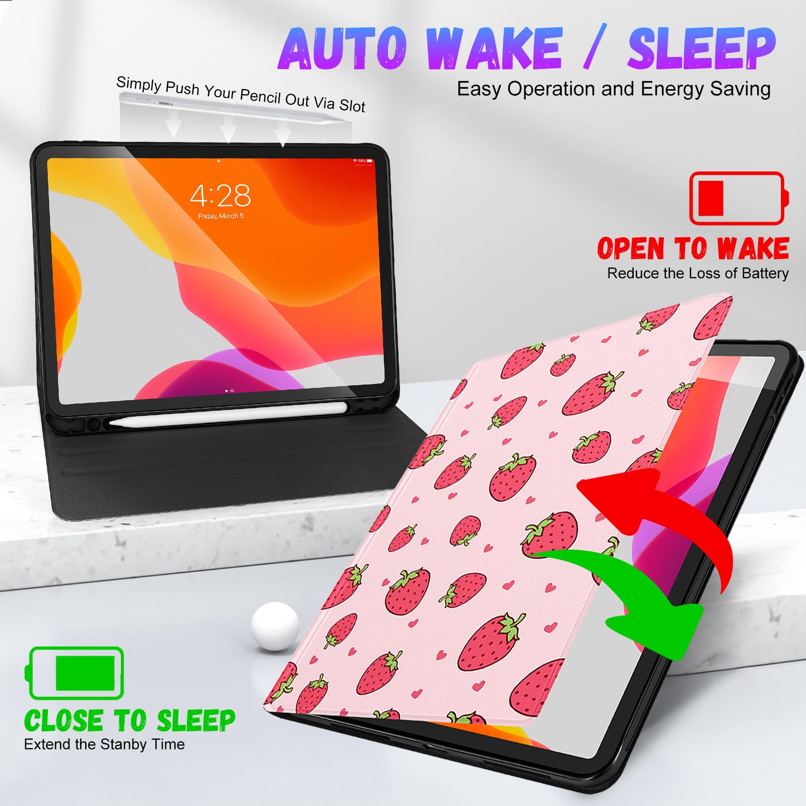 Uppuppy For Ipad Air 11 Inch Case, Air 5Th/4Th Generation 10.9, Pro 11'' Case Cute Kids Women Girls Girly Strawberry With Apple