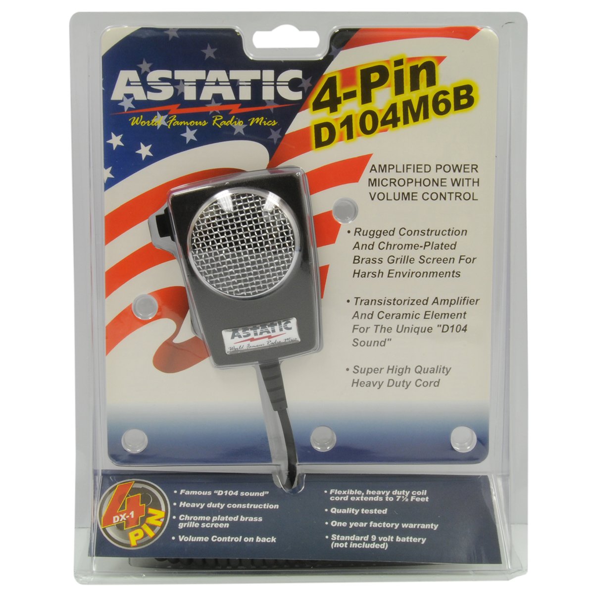 Astatic 302 10005 D104M6B Amplified Ceramic Power 4 Pin Cb Microphone, Black