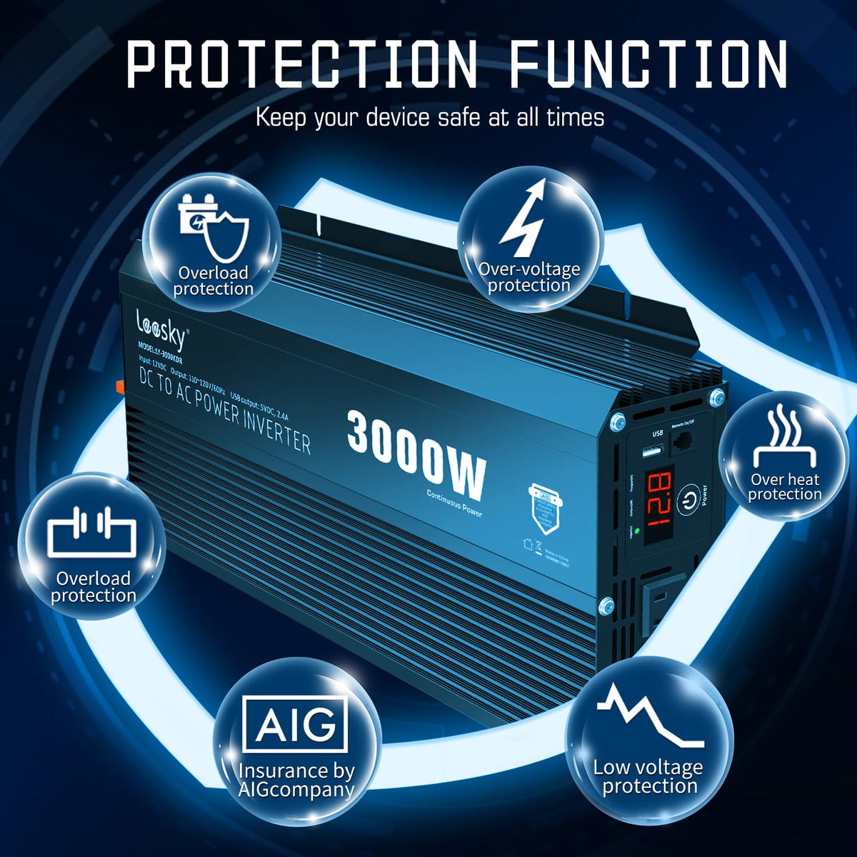 3000 Watt Power Inverter 3000W 12V DC to 110V 120V AC Inverter for Car ...