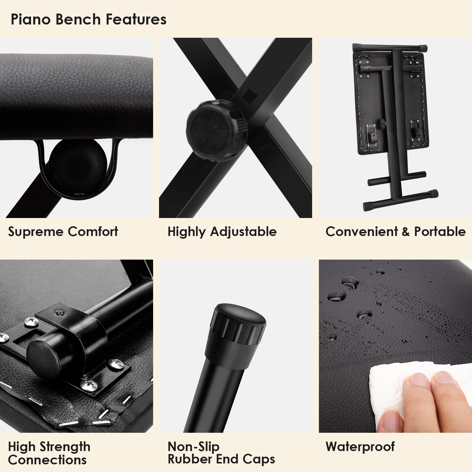 Letsrock Piano Bench, Keyboard Bench X Style Padded Adjustable Portable Stool Collapsible Chair Foldable Seat Waterproof & Non S