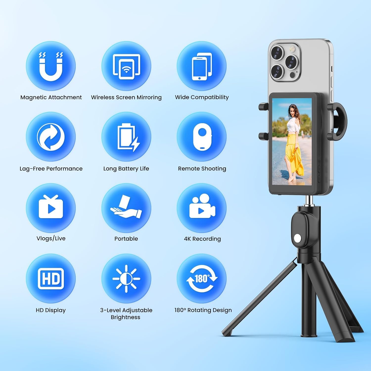 Vlog Selfie Monitor Screen, Vlog Magnetic 4K 30Fps Video Recording For Iphone & Android, Wireless Screen Mirroring With Remote C