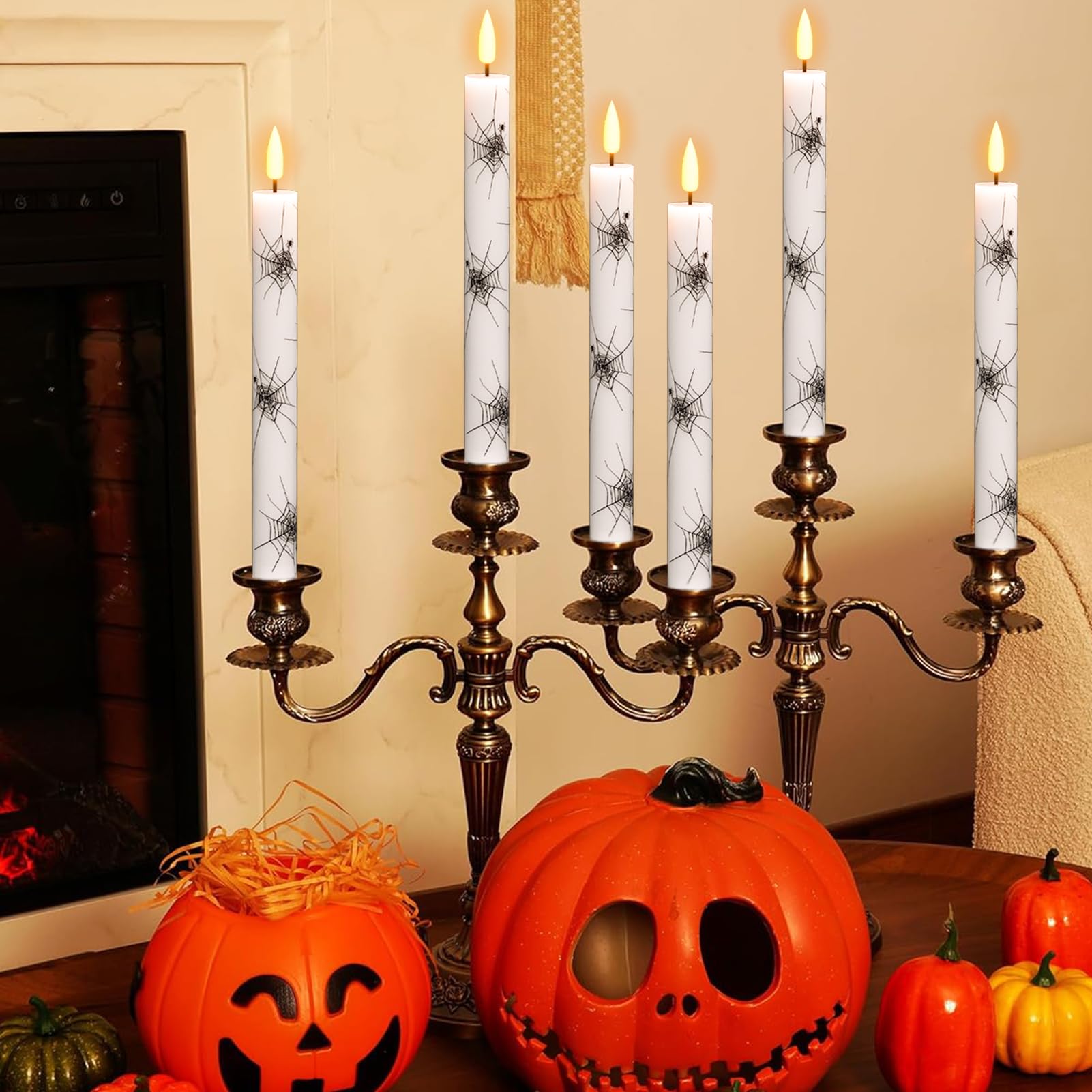 Wondise Halloween Flameless Taper Candles With Remote & Timer, 4 Pack Spider Web Halloween Candles Battery Operated Real Wax Led