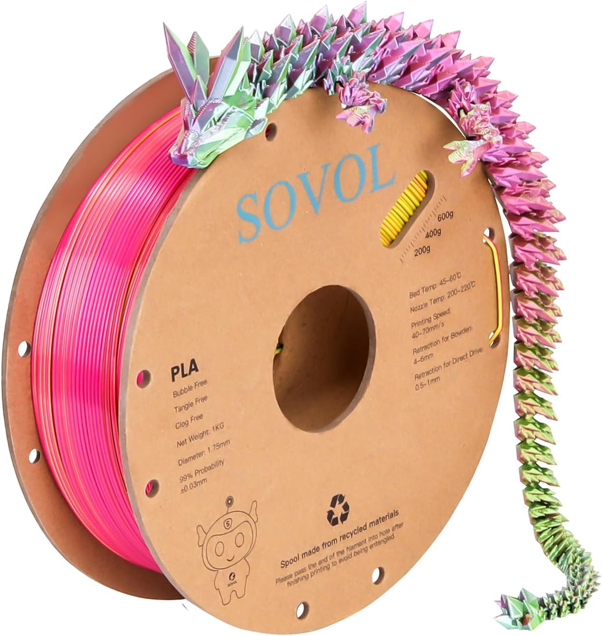 Sovol Pla Filament Silk Tri Color Co Extrusion 1.75Mm, 3D Printer Filament 1Kg/ 2.2Lbs, Shiny Silk Rose Blue Yellow 3 In 1 Coext