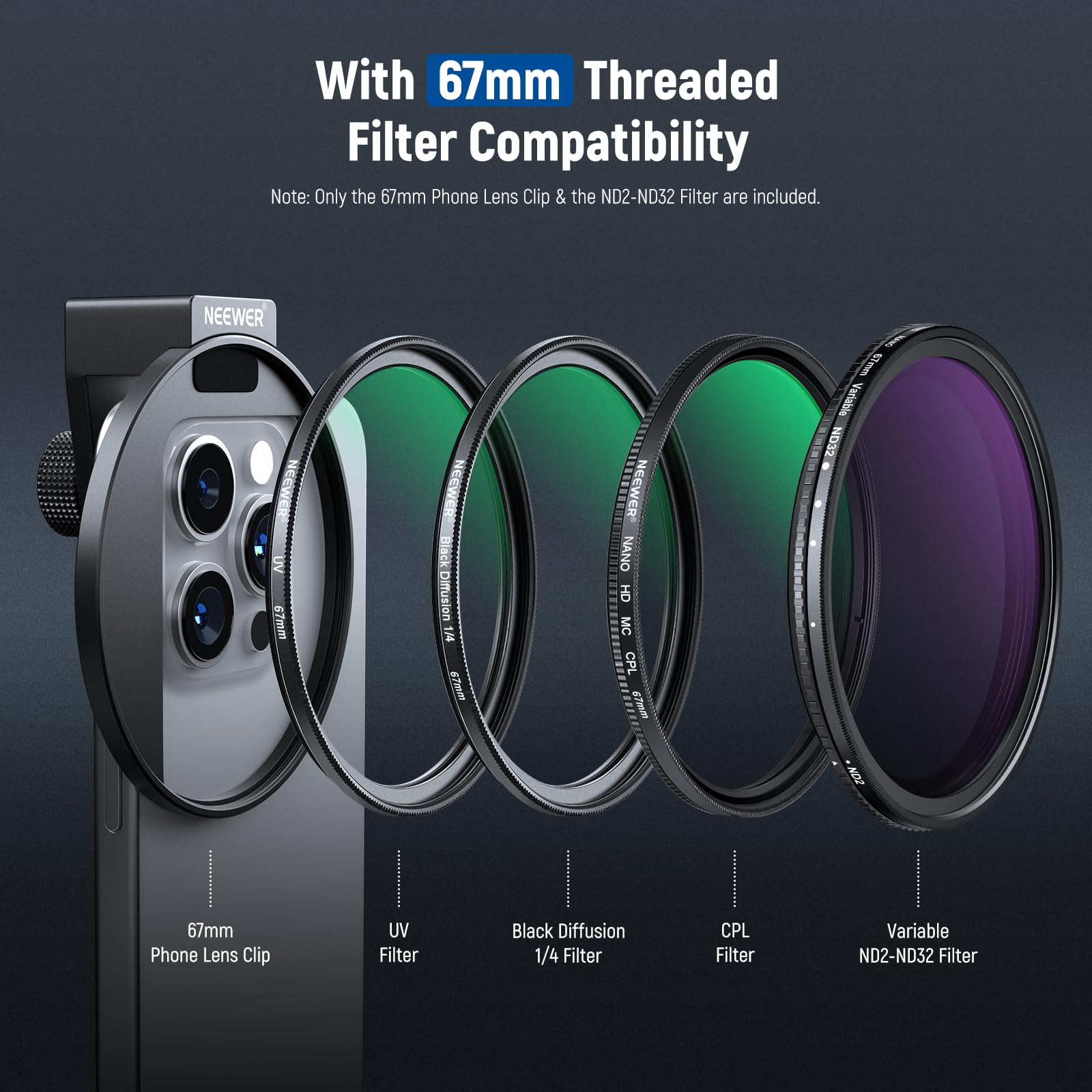 Neewer 67Mm Clip On Variable Nd2 Nd32 Phone Lens Filter Kit, Phone Clip With Threaded Adapter Ring/Cold Shoe/Locking Knob, Hd Va